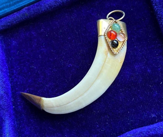 Antique Victorian Animal Tusk Amulet Pendant with Glass Jewel Cabochons in 14k Gold, Hunting Trophy, Talisman, Naturalist, Tooth, Claw, Fang