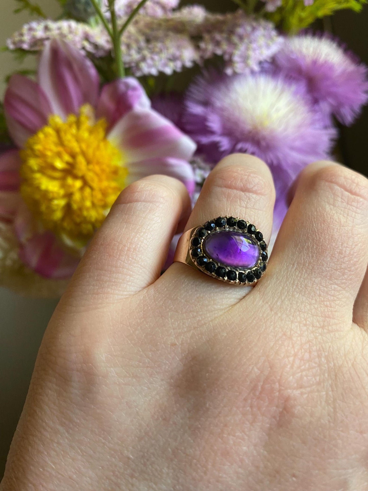 Antique Georgian Mourning Ring for a Young Boy with Foiled Amethyst and Jet Surround in 9k Rose Gold, Memorial, Sentimental, 1800's