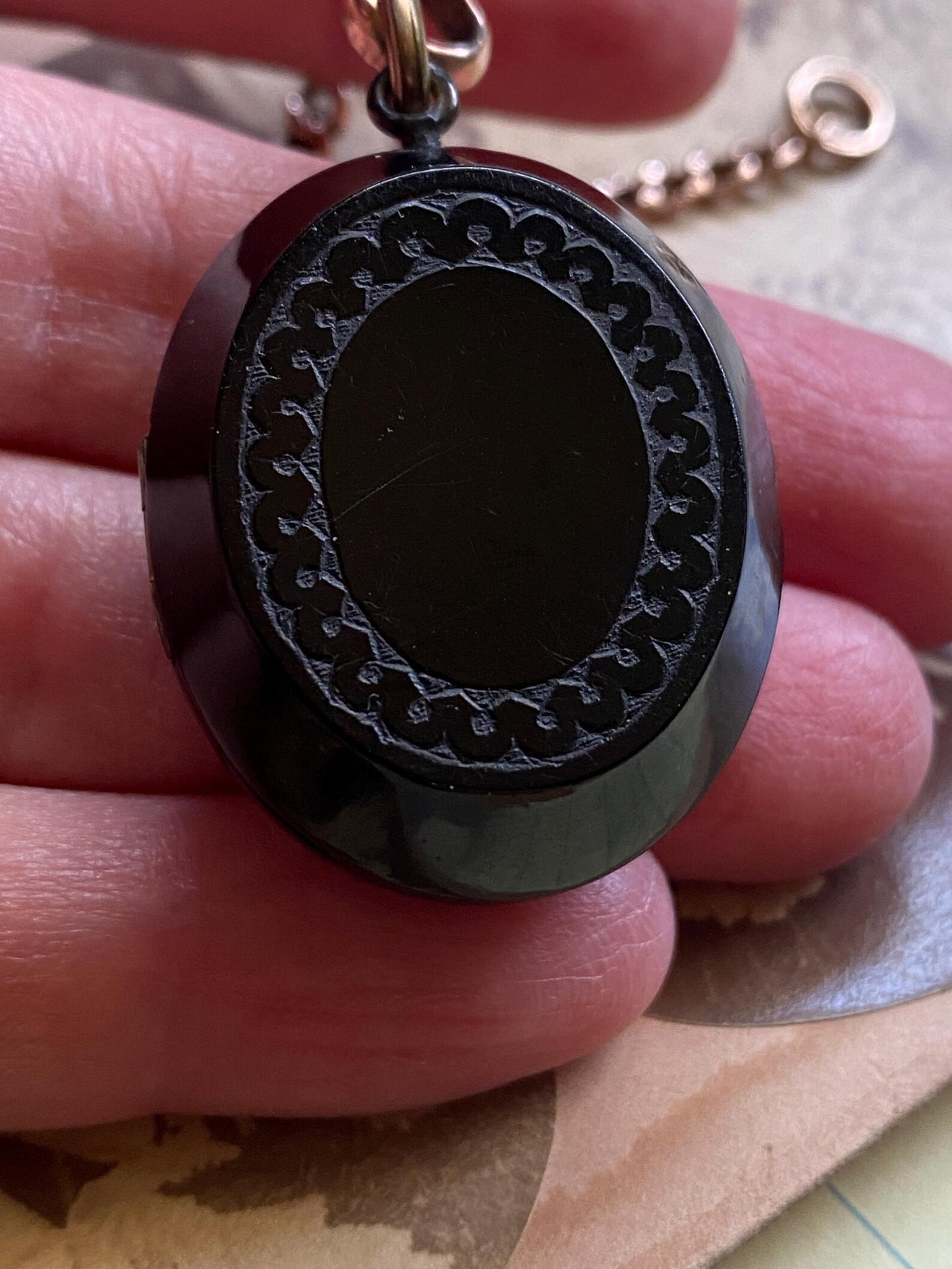 Antique Victorian Carved Jet Double Sided Mourning Locket with Etched Shield and Scalloped Frame Motifs, Pendant, Necklace, 1800's, Memorial, Memento Mori