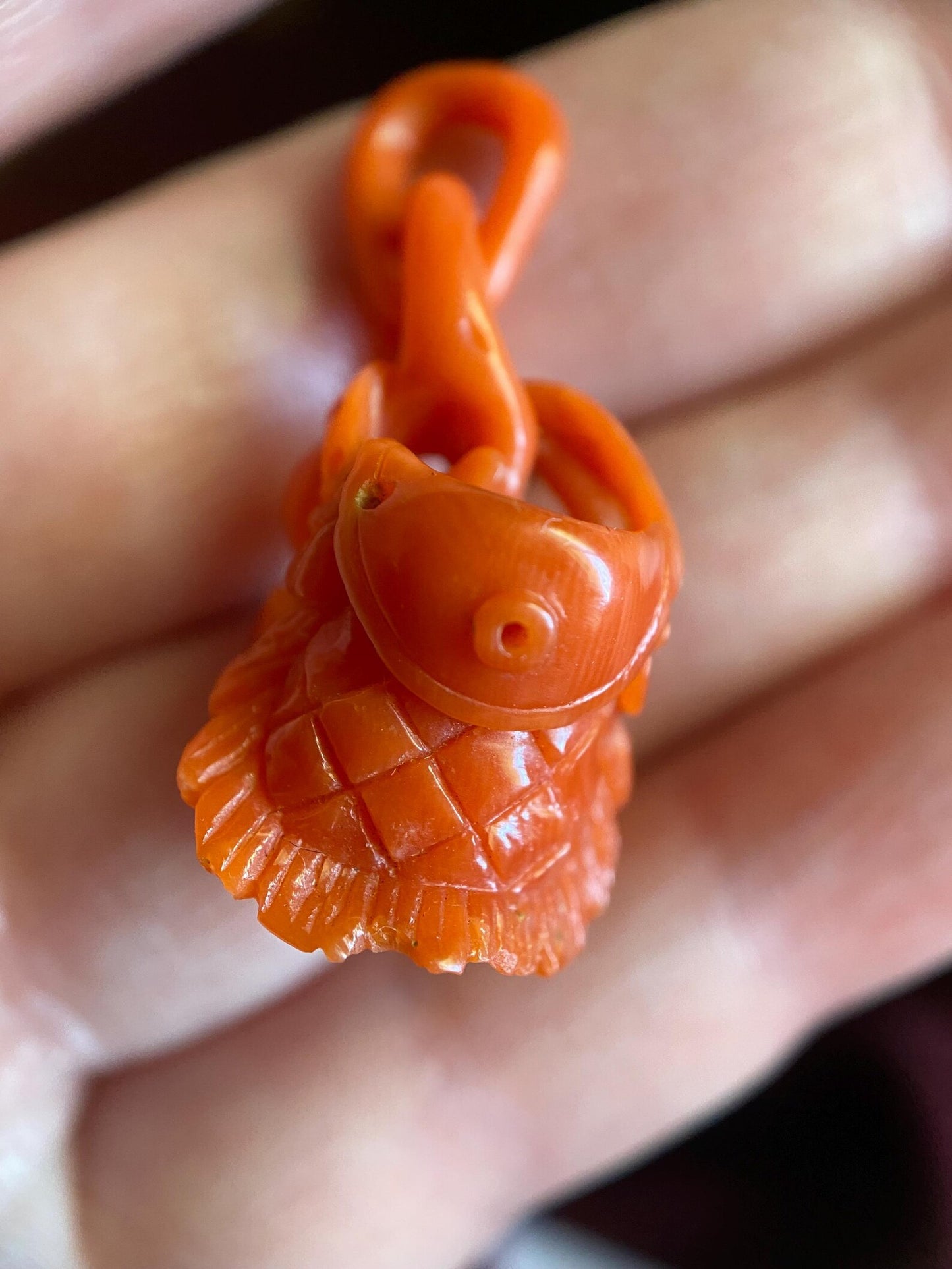 Antique Victorian Italian Fisherman's Basket Pendant of a Single Hand-Carved Piece of Coral Branch c. 1870, Cornicello, Fish, Charm, Lucky, 1800's