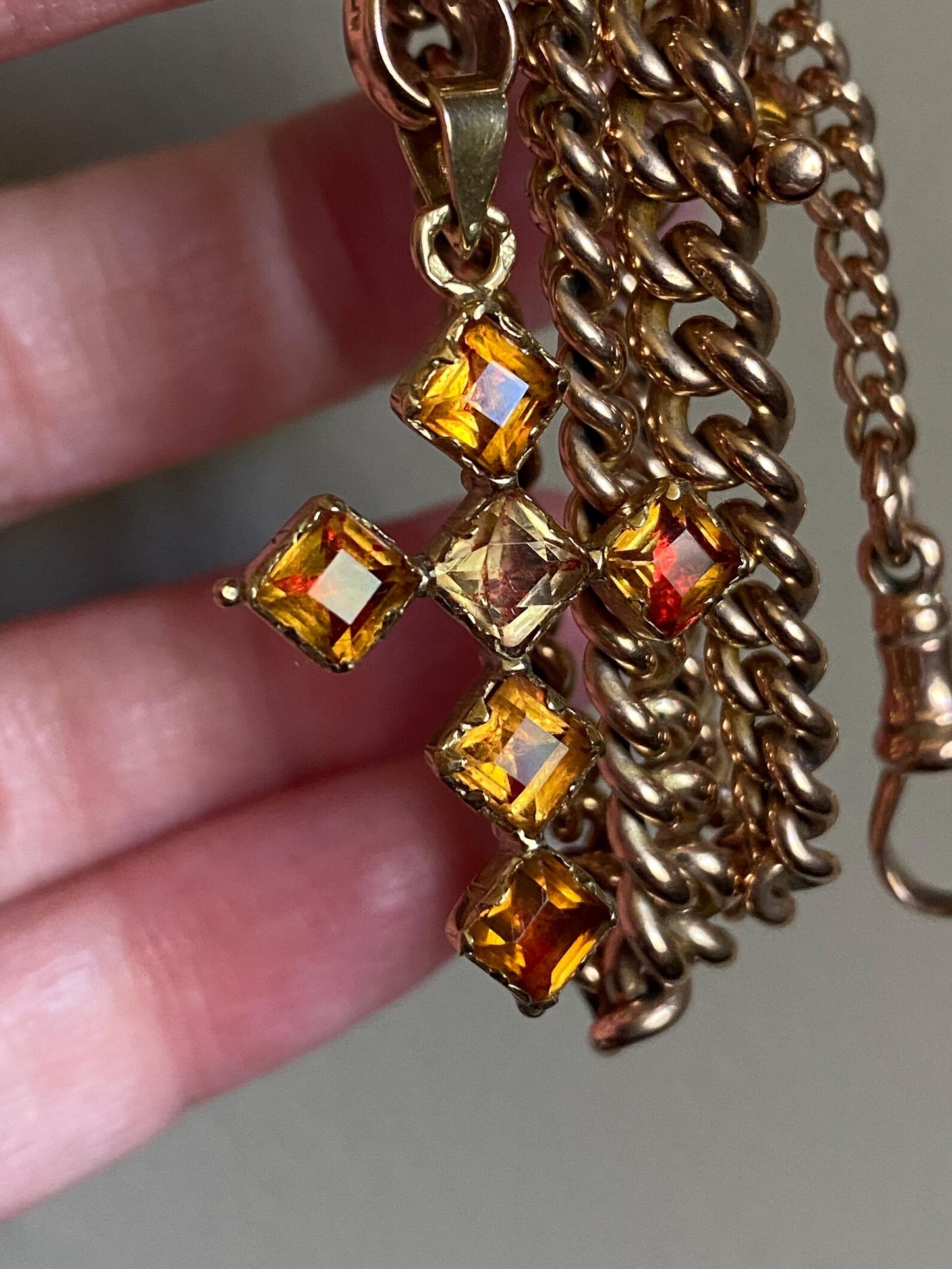 Antique Georgian French Provincial Oil & Vinegar Orange-Red Foiled Citrine Cross Pendant in 18k Gold, 1800's, 19th Century, Devotional, Crucifix, Charm, Necklace,