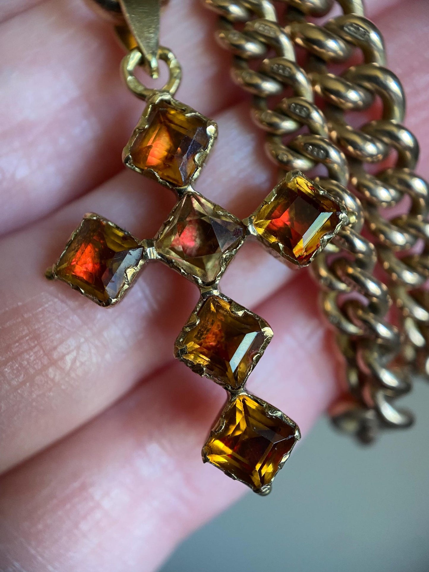 Antique Georgian French Provincial Oil & Vinegar Orange-Red Foiled Citrine Cross Pendant in 18k Gold, 1800's, 19th Century, Devotional, Crucifix, Charm, Necklace,