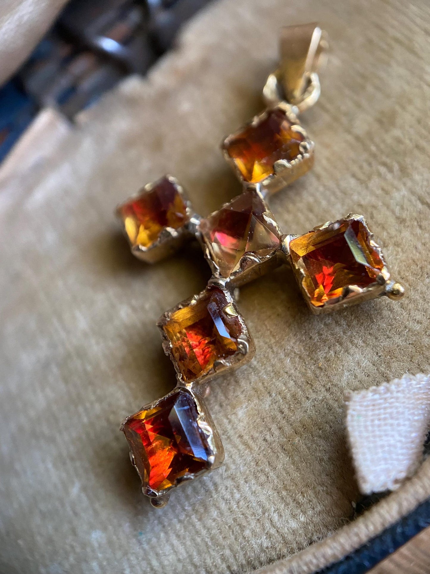 Antique Georgian French Provincial Oil & Vinegar Orange-Red Foiled Citrine Cross Pendant in 18k Gold, 1800's, 19th Century, Devotional, Crucifix, Charm, Necklace,