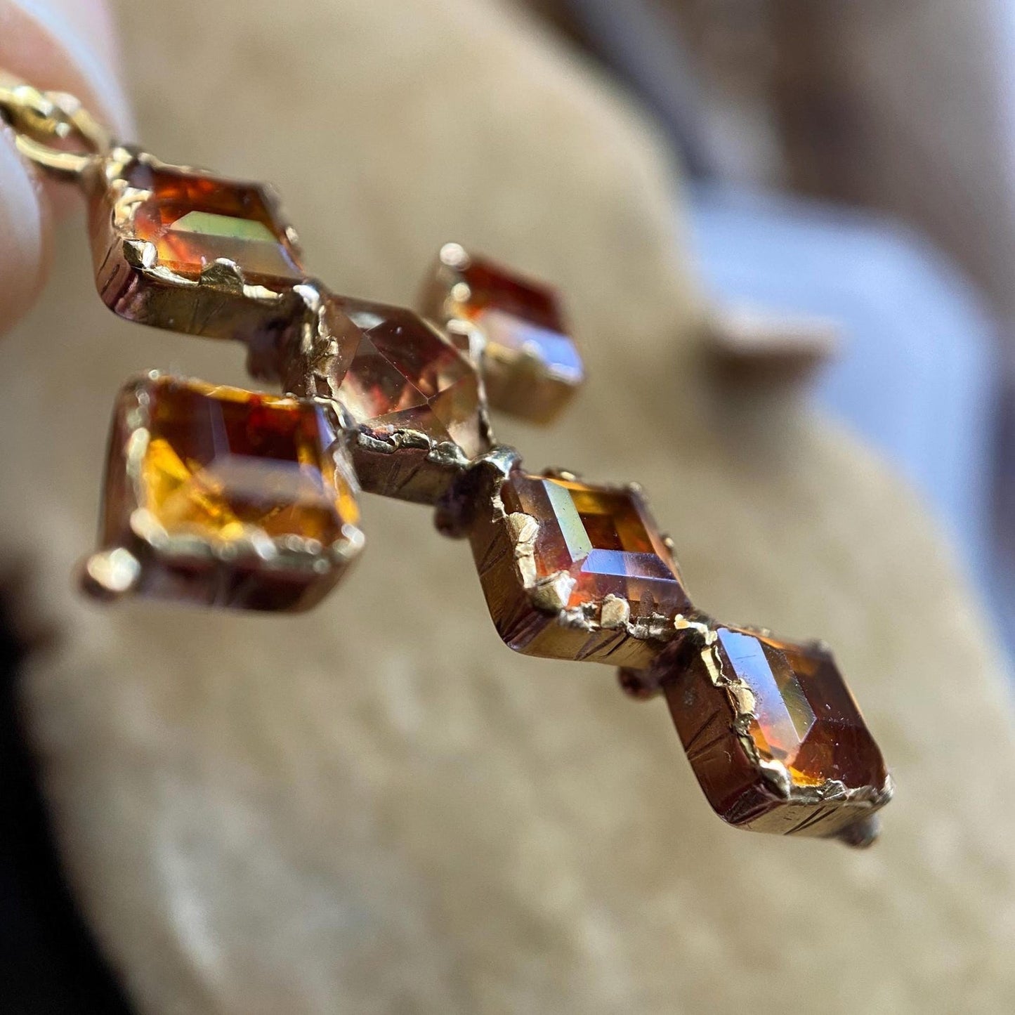 Antique Georgian French Provincial Oil & Vinegar Orange-Red Foiled Citrine Cross Pendant in 18k Gold, 1800's, 19th Century, Devotional, Crucifix, Charm, Necklace,