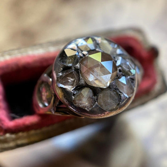 Antique Georgian Foiled Rose Cut Diamond Cluster Ring with Floral Engraved Verso in Silver & 14k Gold c. 1790, Target, Flower, 1700's
