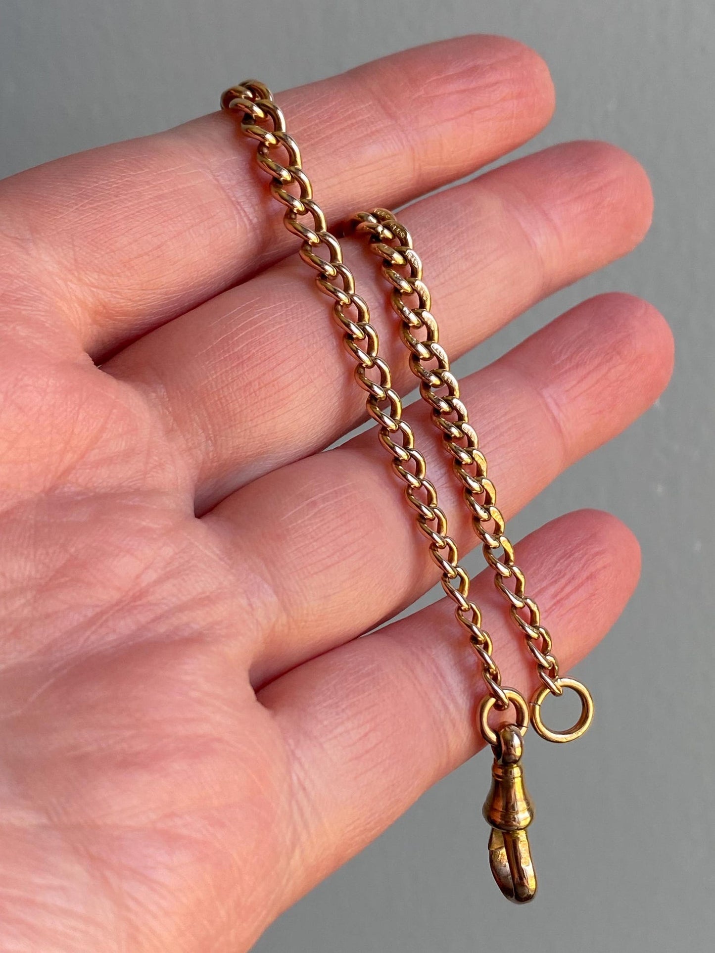 Antique Victorian English Graduated Fine & Thin Curb Link Albert Watch Chain Bracelet with Dog Clip, Jump Ring 9k Rose Gold, 1800's, 1900's, Edwardian