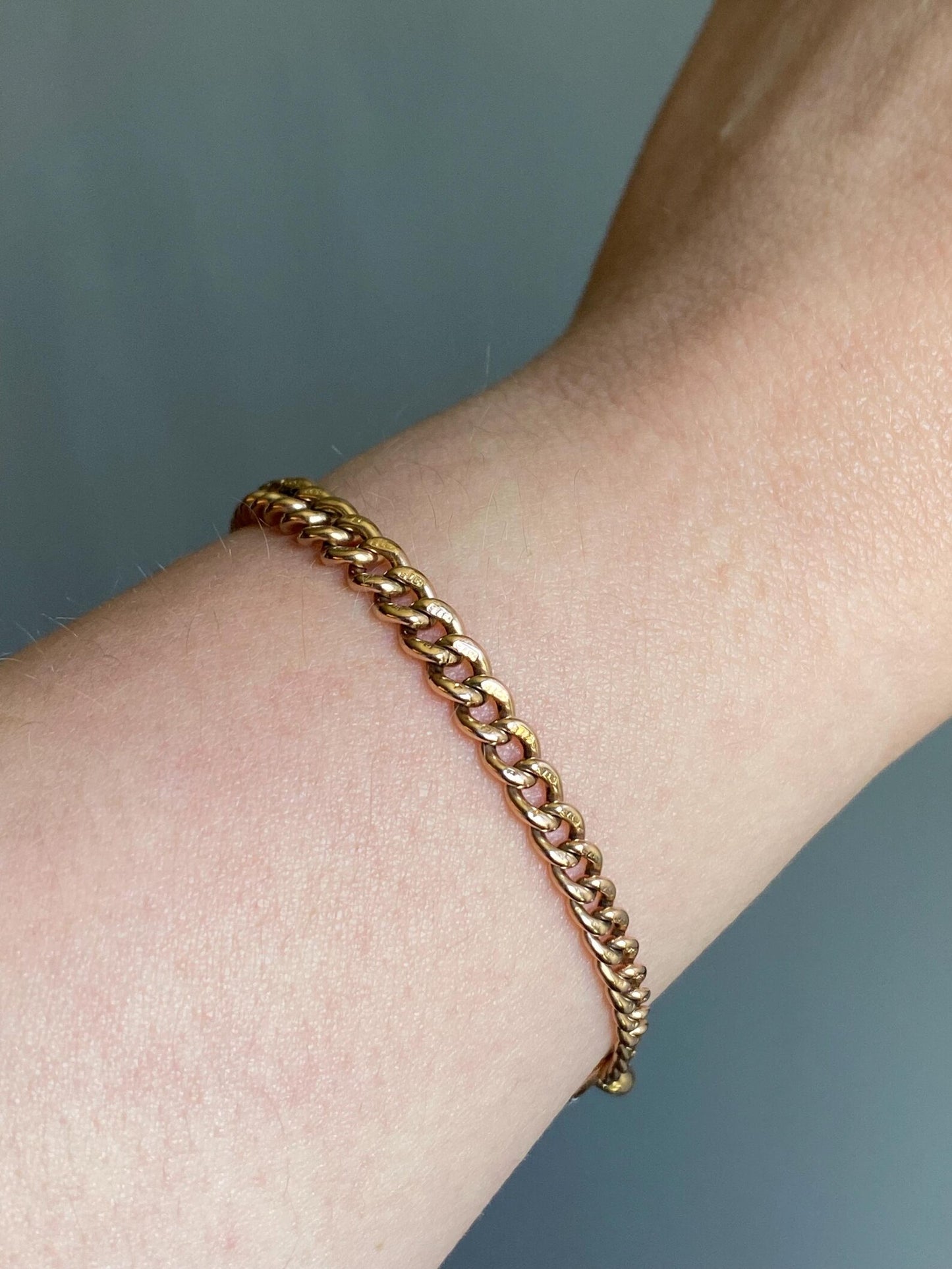 Antique Victorian English Graduated Fine & Thin Curb Link Albert Watch Chain Bracelet with Dog Clip, Jump Ring 9k Rose Gold, 1800's, 1900's, Edwardian