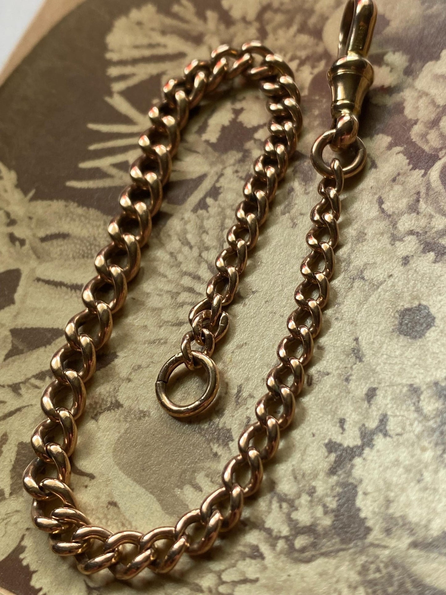 Antique Victorian English Graduated Fine & Thin Curb Link Albert Watch Chain Bracelet with Dog Clip, Jump Ring 9k Rose Gold, 1800's, 1900's, Edwardian