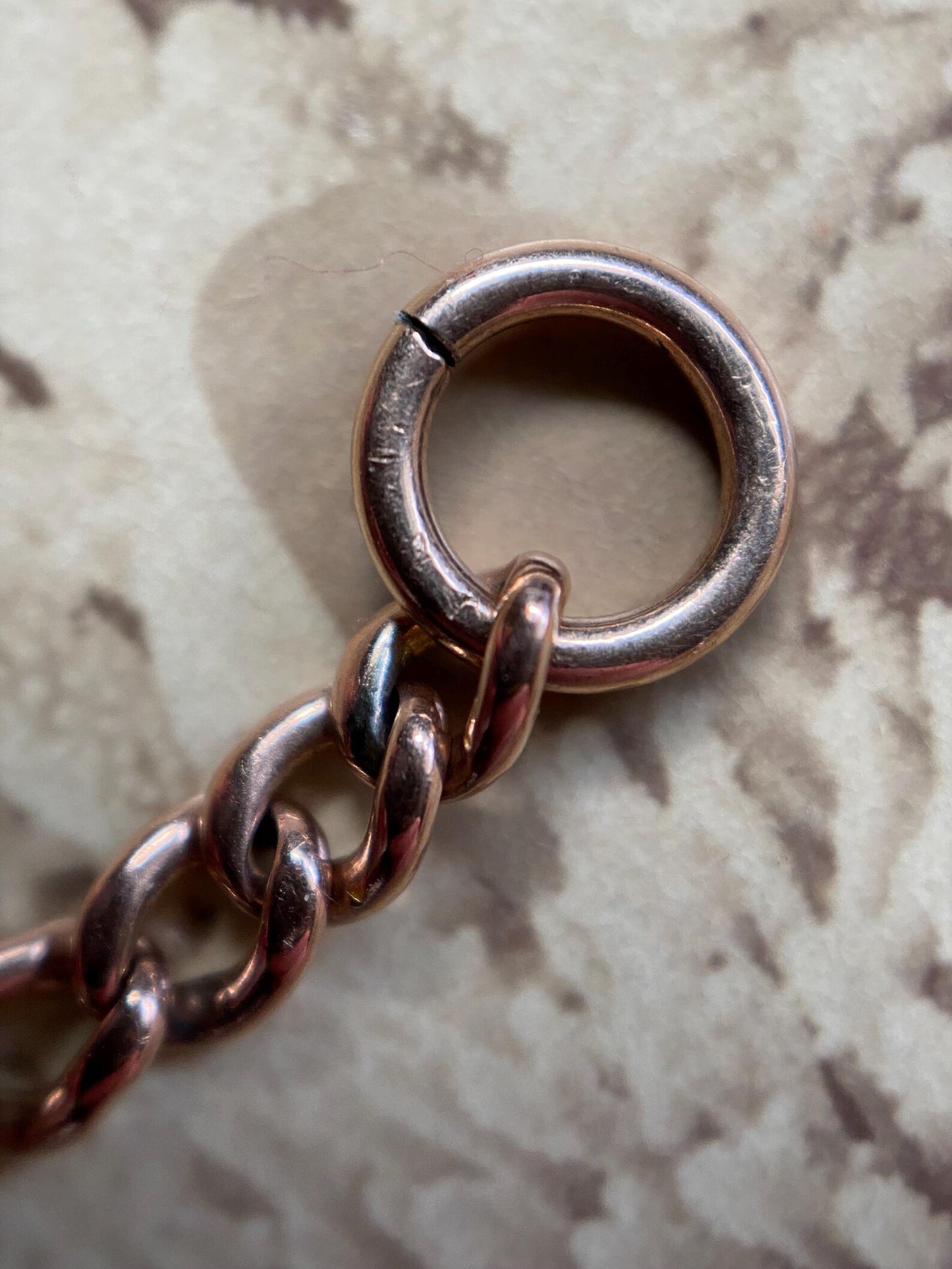 Antique Victorian English Graduated Fine & Thin Curb Link Albert Watch Chain Bracelet with Dog Clip, Jump Ring 9k Rose Gold, 1800's, 1900's, Edwardian