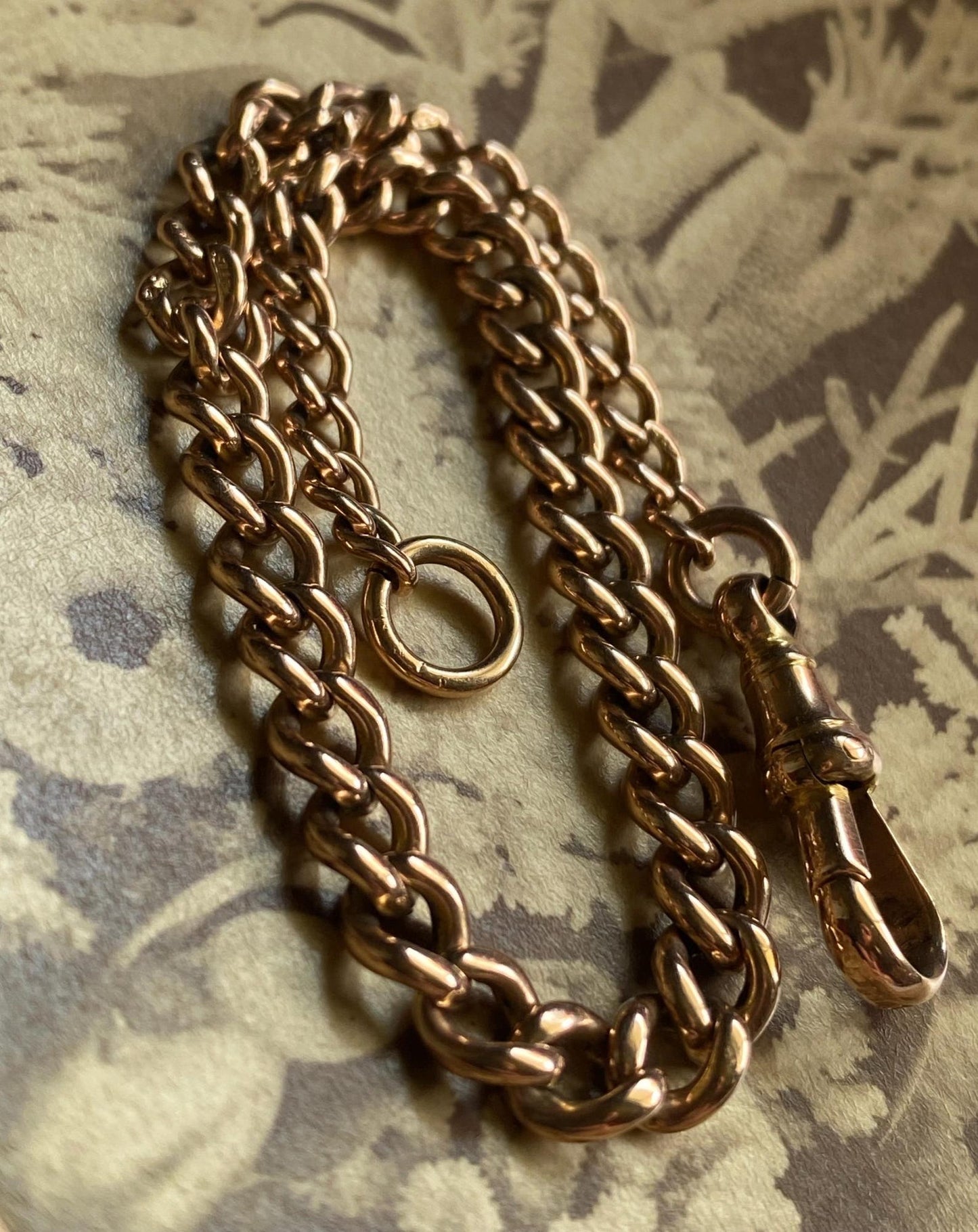 Antique Victorian English Graduated Fine & Thin Curb Link Albert Watch Chain Bracelet with Dog Clip, Jump Ring 9k Rose Gold, 1800's, 1900's, Edwardian