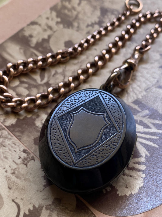 Antique Victorian Carved Jet Double Sided Mourning Locket with Etched Shield and Scalloped Frame Motifs, Pendant, Necklace, 1800's, Memorial, Memento Mori