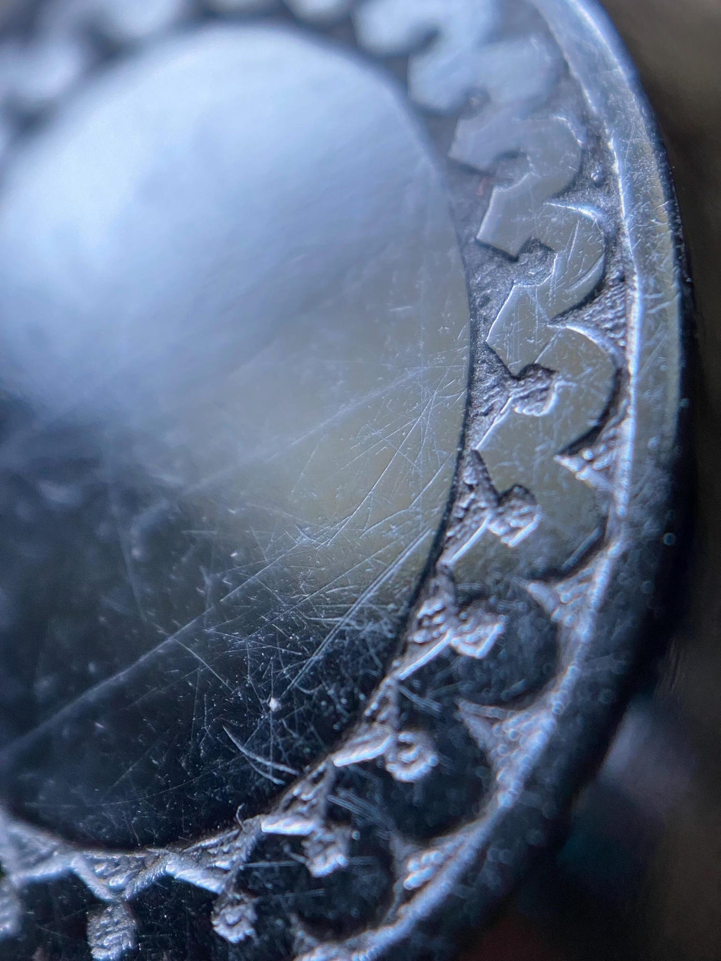 Antique Victorian Carved Jet Double Sided Mourning Locket with Etched Shield and Scalloped Frame Motifs, Pendant, Necklace, 1800's, Memorial, Memento Mori