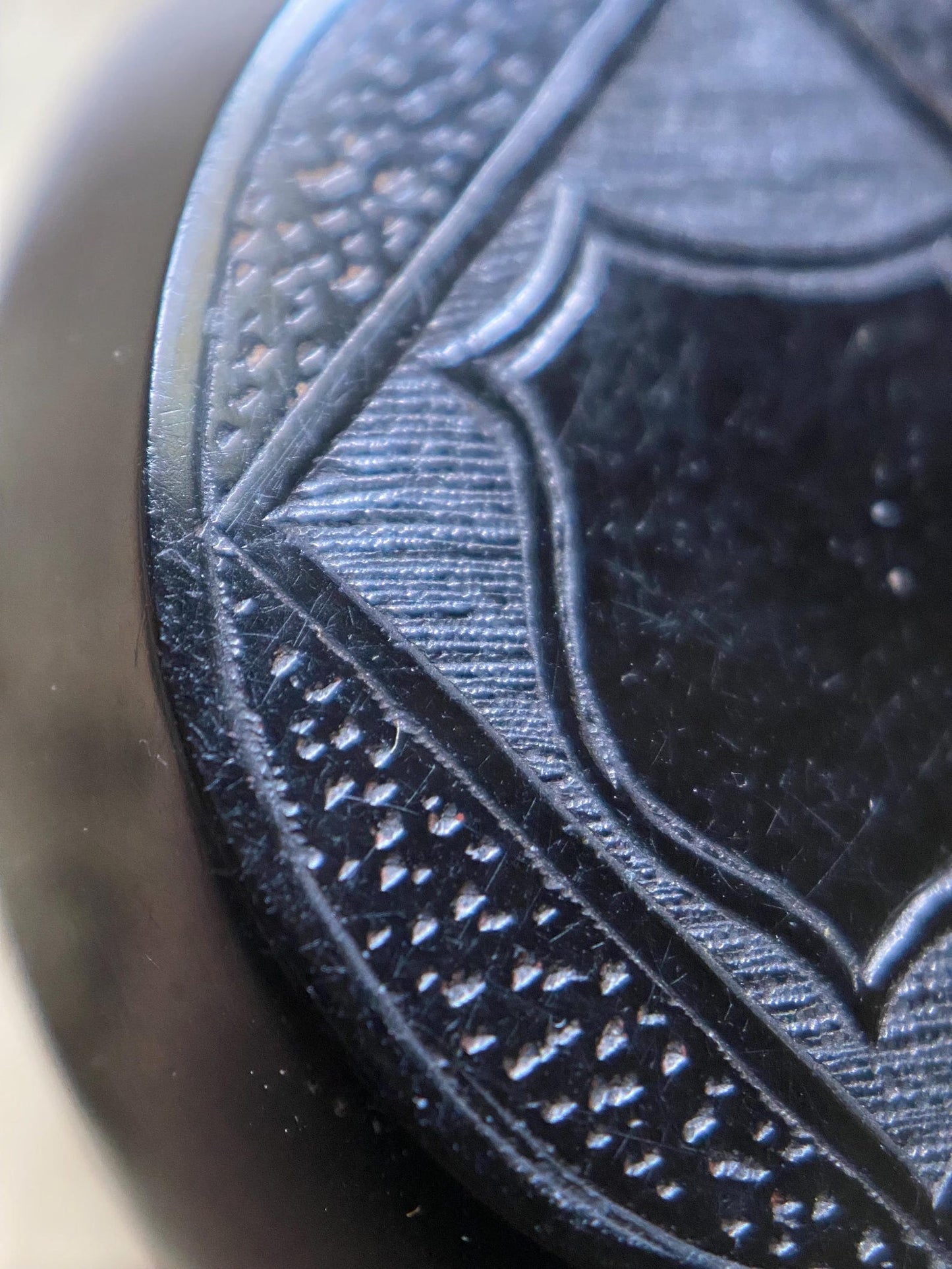 Antique Victorian Carved Jet Double Sided Mourning Locket with Etched Shield and Scalloped Frame Motifs, Pendant, Necklace, 1800's, Memorial, Memento Mori