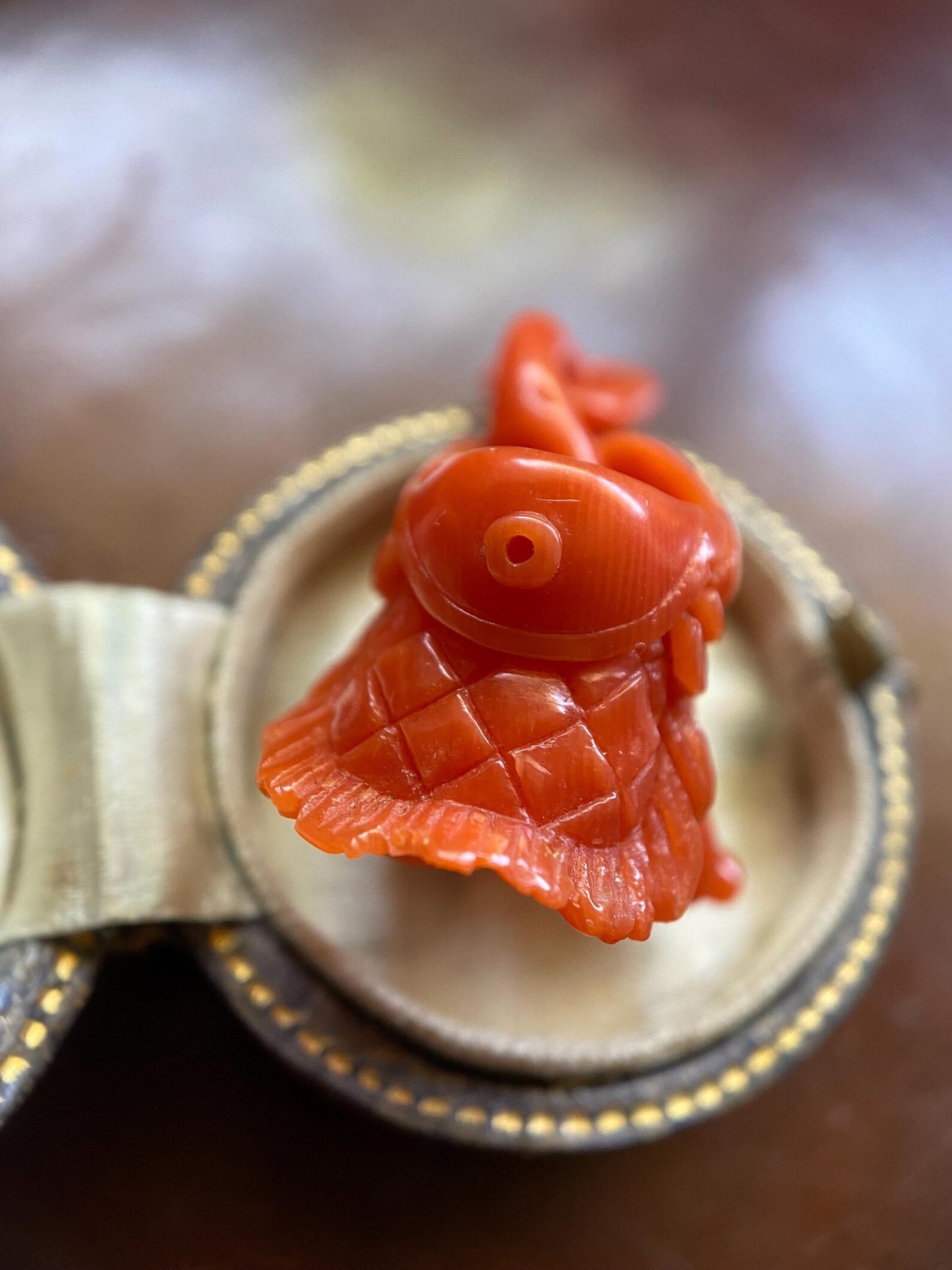 Antique Victorian Italian Fisherman's Basket Pendant of a Single Hand-Carved Piece of Coral Branch c. 1870, Cornicello, Fish, Charm, Lucky, 1800's