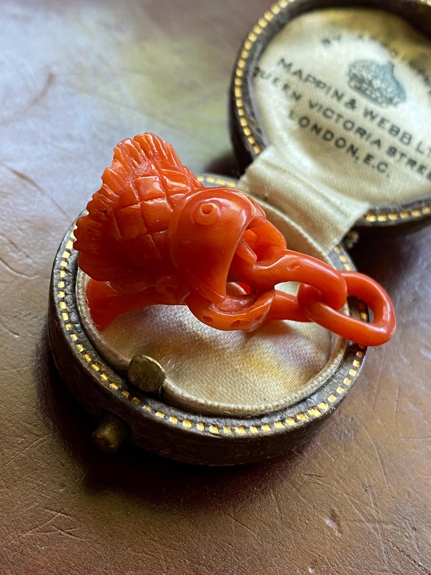 Antique Victorian Italian Fisherman's Basket Pendant of a Single Hand-Carved Piece of Coral Branch c. 1870, Cornicello, Fish, Charm, Lucky, 1800's
