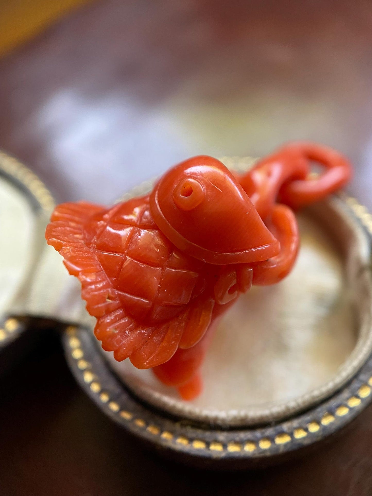 Antique Victorian Italian Fisherman's Basket Pendant of a Single Hand-Carved Piece of Coral Branch c. 1870, Cornicello, Fish, Charm, Lucky, 1800's