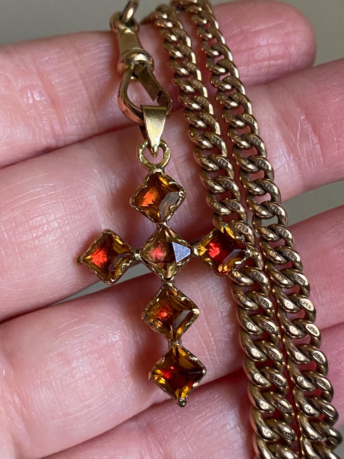 Antique Georgian French Provincial Oil & Vinegar Orange-Red Foiled Citrine Cross Pendant in 18k Gold, 1800's, 19th Century, Devotional, Crucifix, Charm, Necklace,