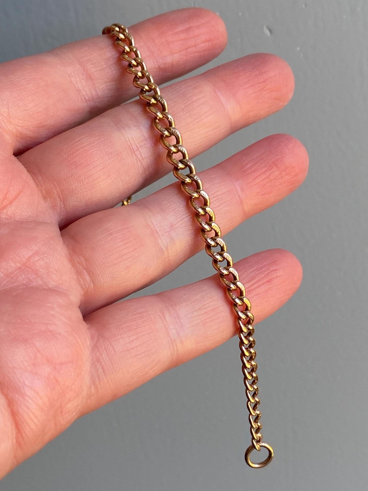 Antique Victorian English Graduated Fine & Thin Curb Link Albert Watch Chain Bracelet with Dog Clip, Jump Ring 9k Rose Gold, 1800's, 1900's, Edwardian