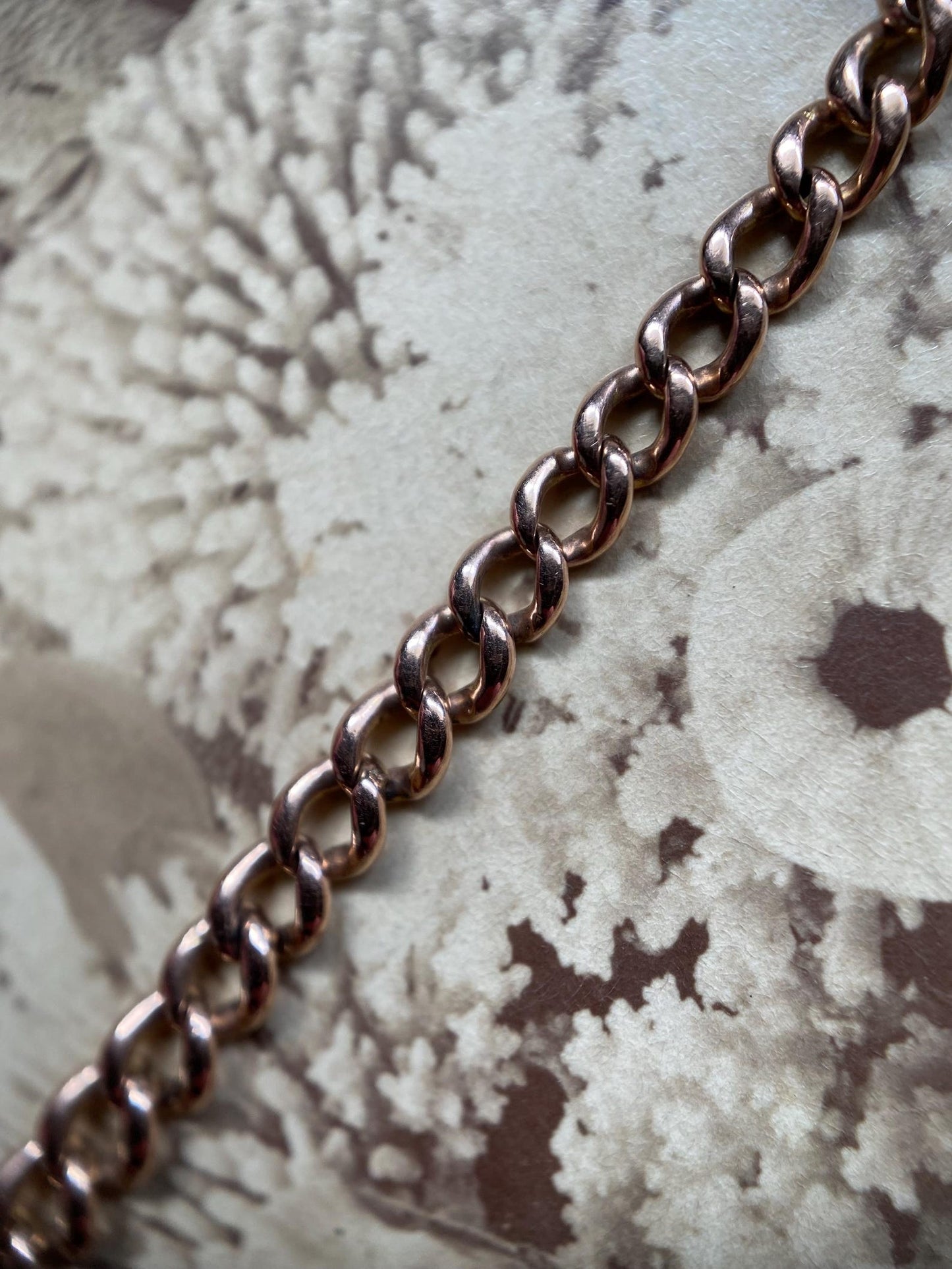 Antique Victorian English Graduated Fine & Thin Curb Link Albert Watch Chain Bracelet with Dog Clip, Jump Ring 9k Rose Gold, 1800's, 1900's, Edwardian