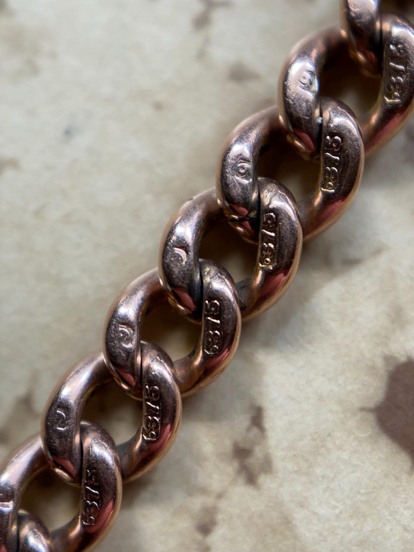 Antique Victorian English Graduated Fine & Thin Curb Link Albert Watch Chain Bracelet with Dog Clip, Jump Ring 9k Rose Gold, 1800's, 1900's, Edwardian