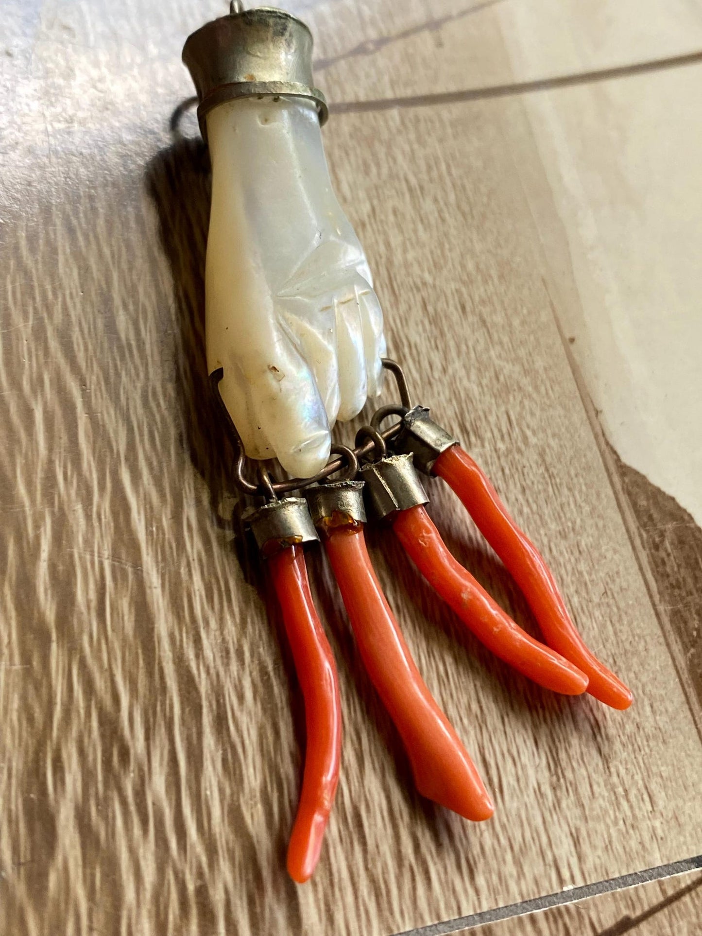 Antique Victorian Mother of Pearl Mano Figa with Coral Branch Dangles & Turquoise Bangle in Silver, Talisman, Amulet, Charm, Pendant, Fist