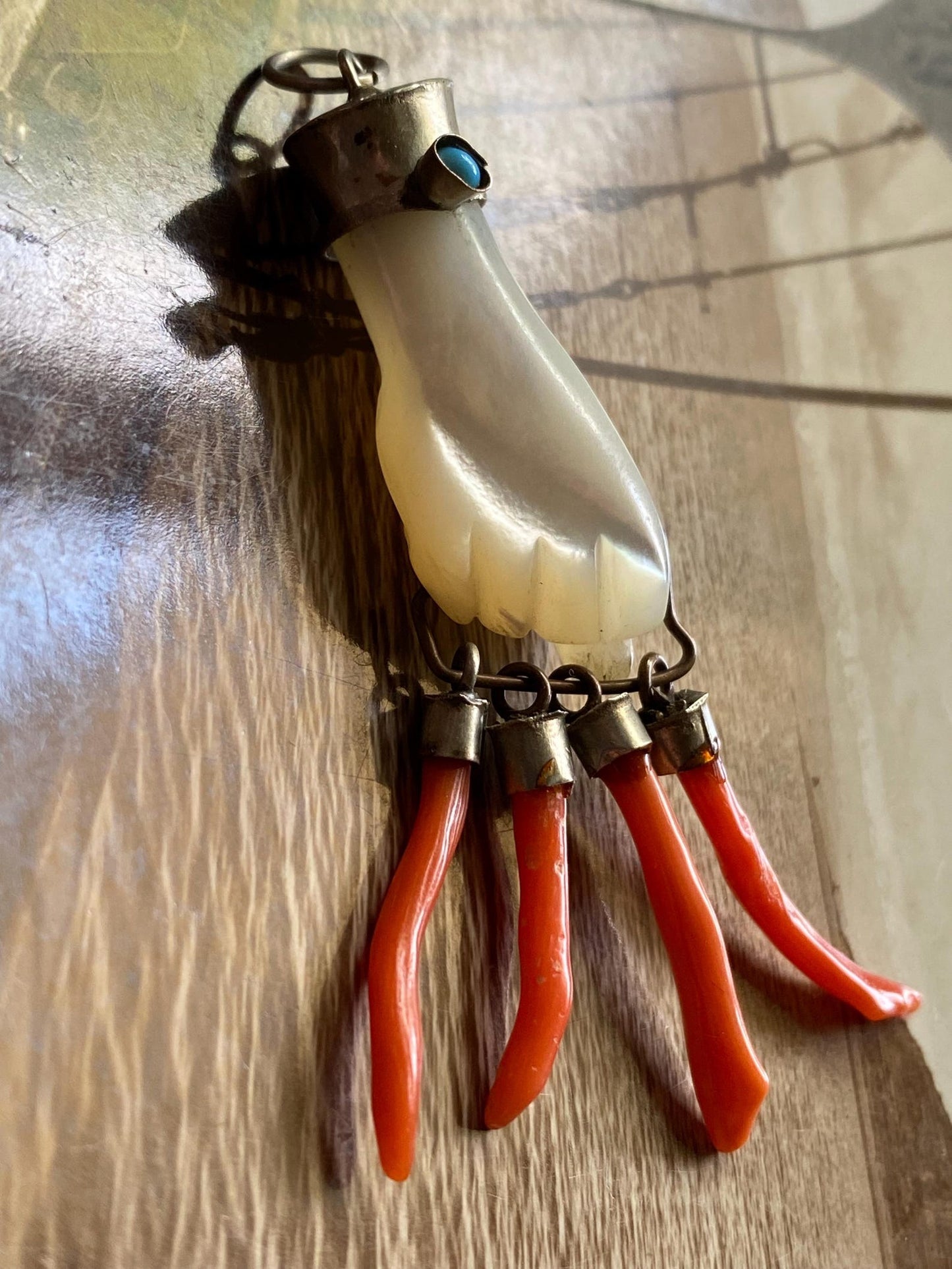 Antique Victorian Mother of Pearl Mano Figa with Coral Branch Dangles & Turquoise Bangle in Silver, Talisman, Amulet, Charm, Pendant, Fist