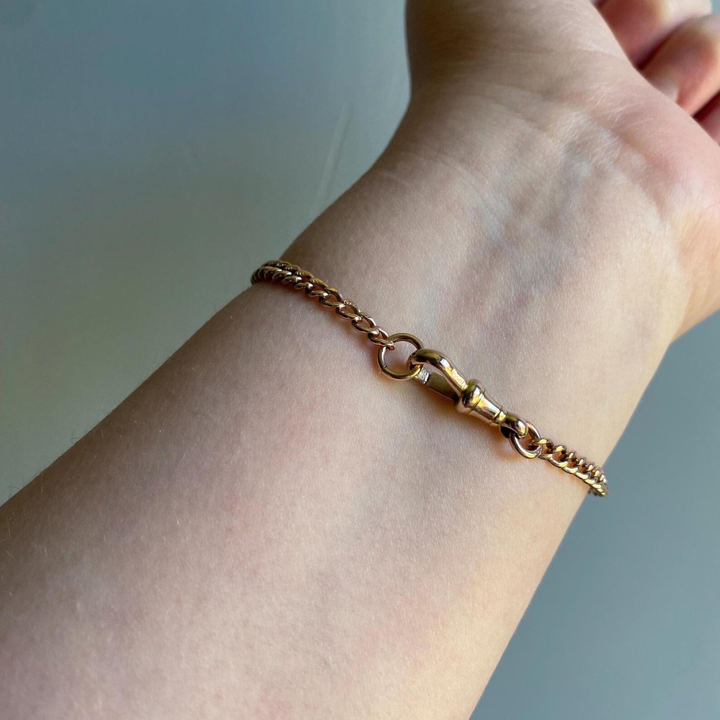 Antique Victorian English Graduated Fine & Thin Curb Link Albert Watch Chain Bracelet with Dog Clip, Jump Ring 9k Rose Gold, 1800's, 1900's, Edwardian