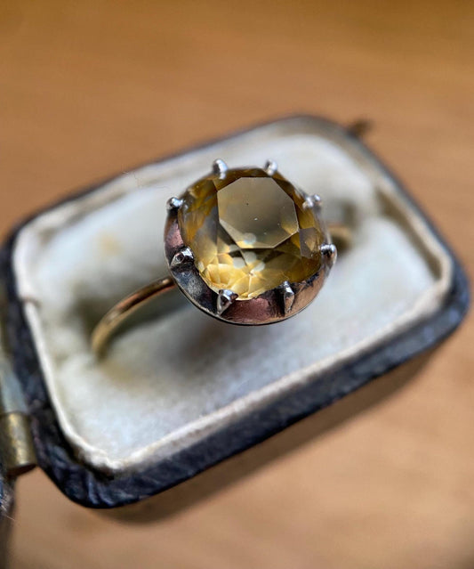 Antique Georgian Crimped & Cut Down Collet Set Foiled Yellow Topaz Round Solitaire in Silver and 14k Gold, 1800's, 19th Century, Engagement