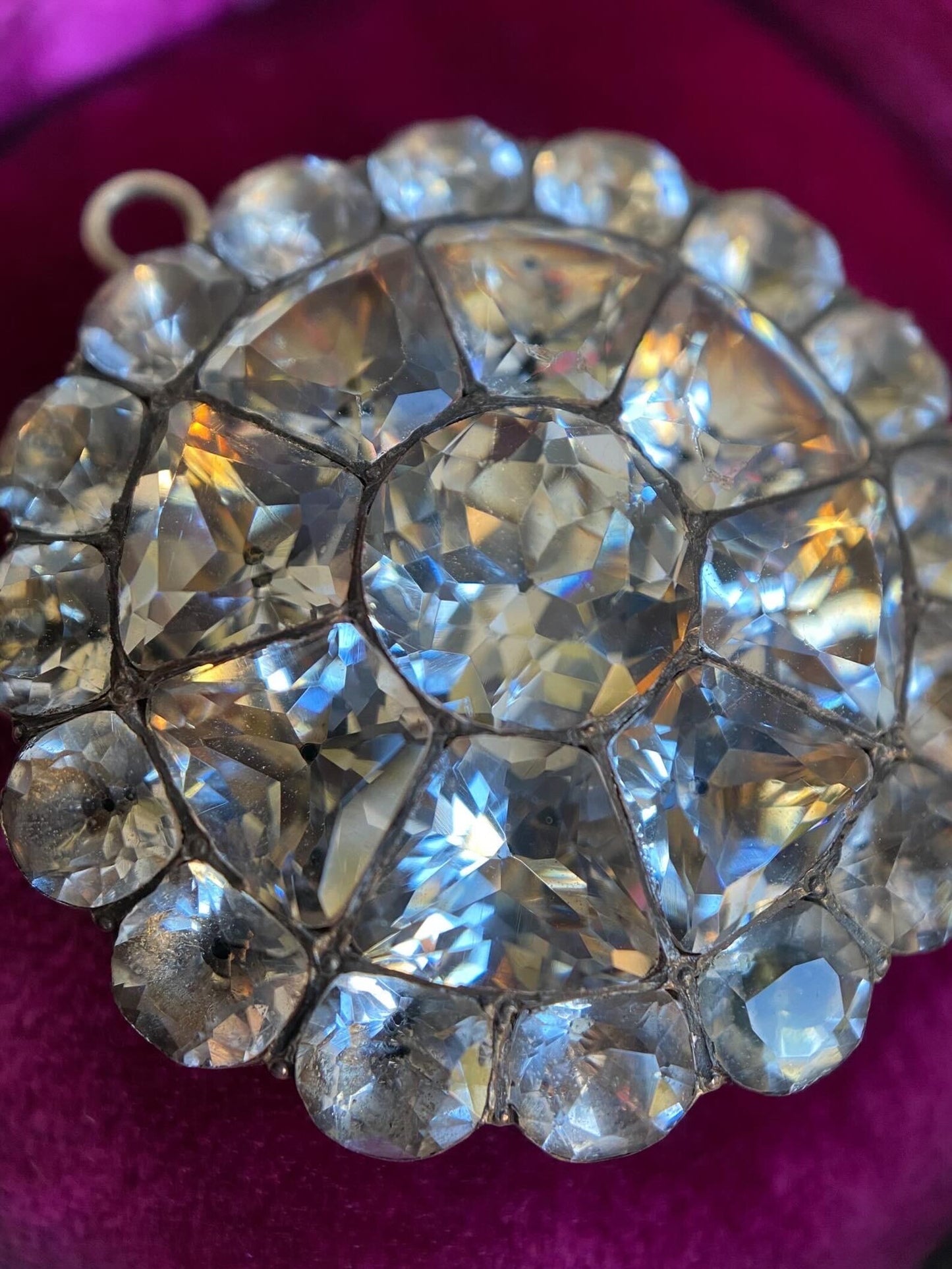 Antique Georgian Large Round Black-Dot Multi-Cut Diamond Paste Scalloped Medallion Pendant in Silver, Necklace, Charm, Foiled, 1800s, Button, Clear