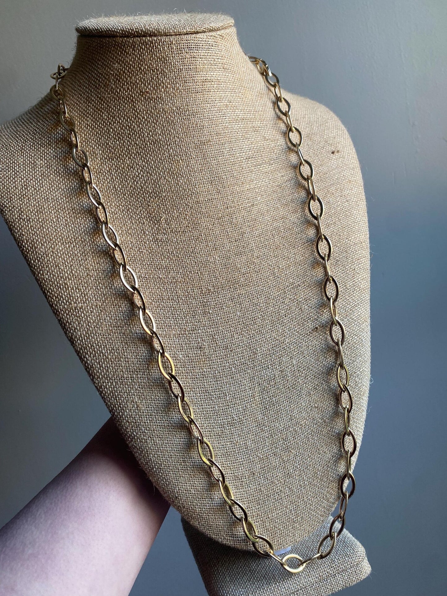 Vintage Long Lozenge Shaped Links Sautoir Chain w/ Hidden Lobster Clasp in 14k Gold, Semi Solid, Versatile, Layering, Long Guard, Layer