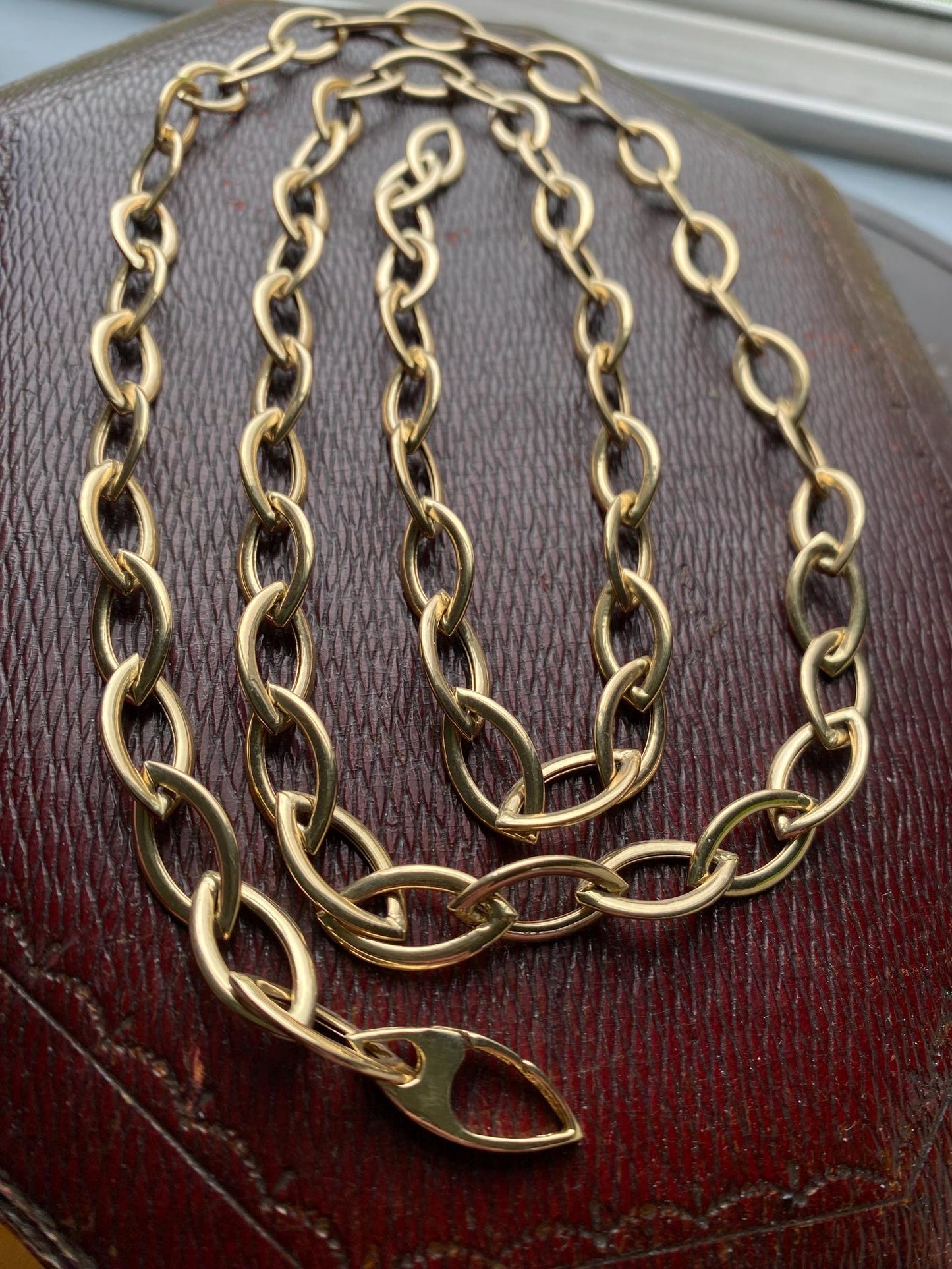 Vintage Long Lozenge Shaped Links Sautoir Chain w/ Hidden Lobster Clasp in 14k Gold, Semi Solid, Versatile, Layering, Long Guard, Layer