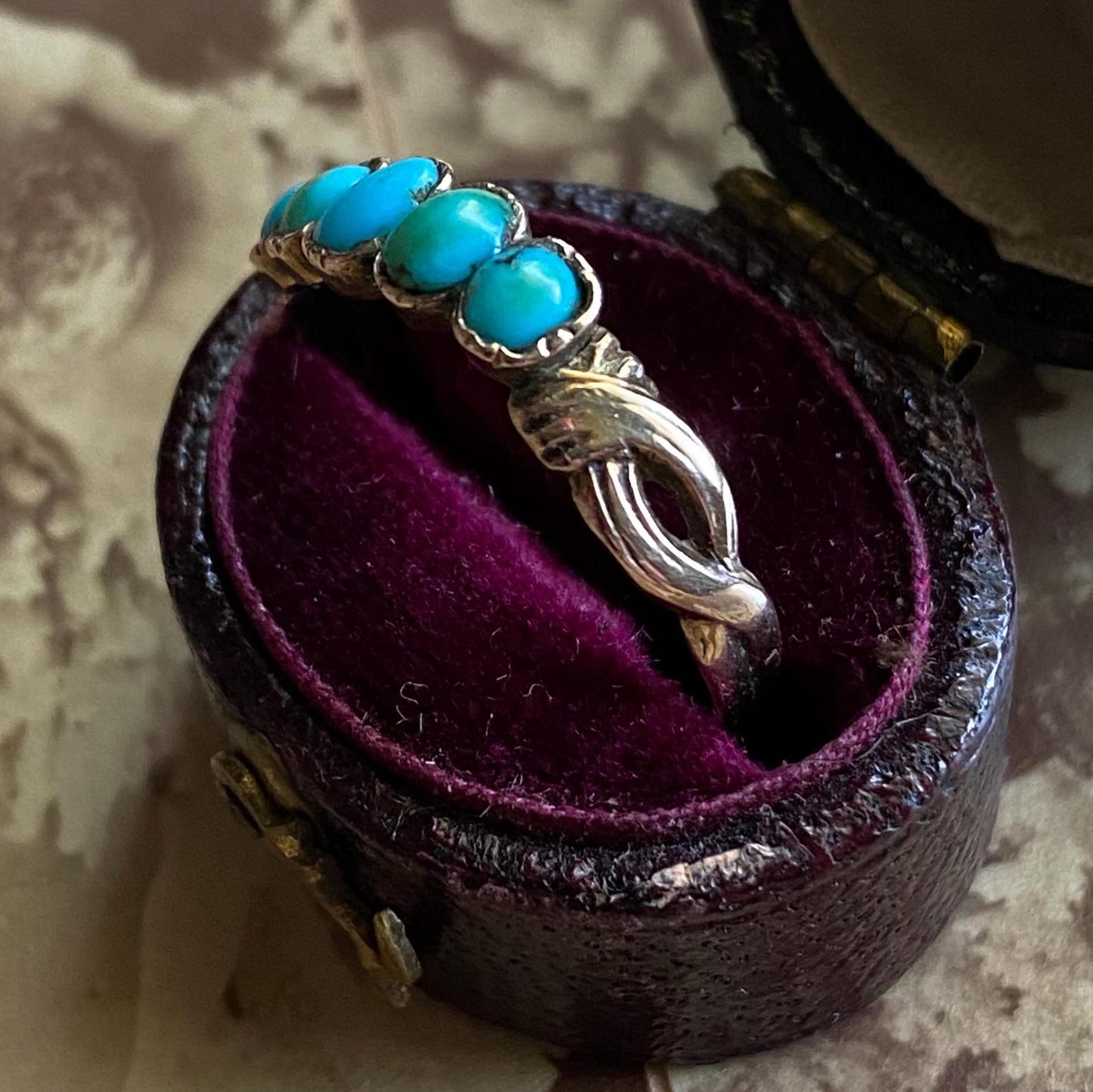 Antique Georgian Dainty and Slim Graduated 5 Stone Half Hoop Turquoise Ring w/ Swirling Open Shoulders in 9k Gold, 1800s, Stacking, Eternity