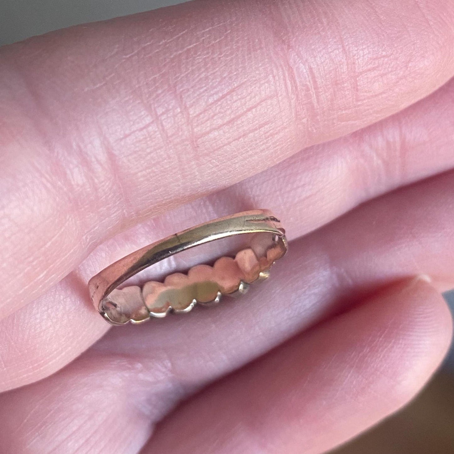 Antique Georgian Dainty and Slim Graduated 5 Stone Half Hoop Turquoise Ring w/ Swirling Open Shoulders in 9k Gold, 1800s, Stacking, Eternity