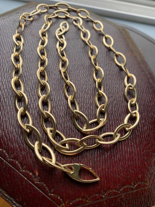 Vintage Long Lozenge Shaped Links Sautoir Chain w/ Hidden Lobster Clasp in 14k Gold, Semi Solid, Versatile, Layering, Long Guard, Layer