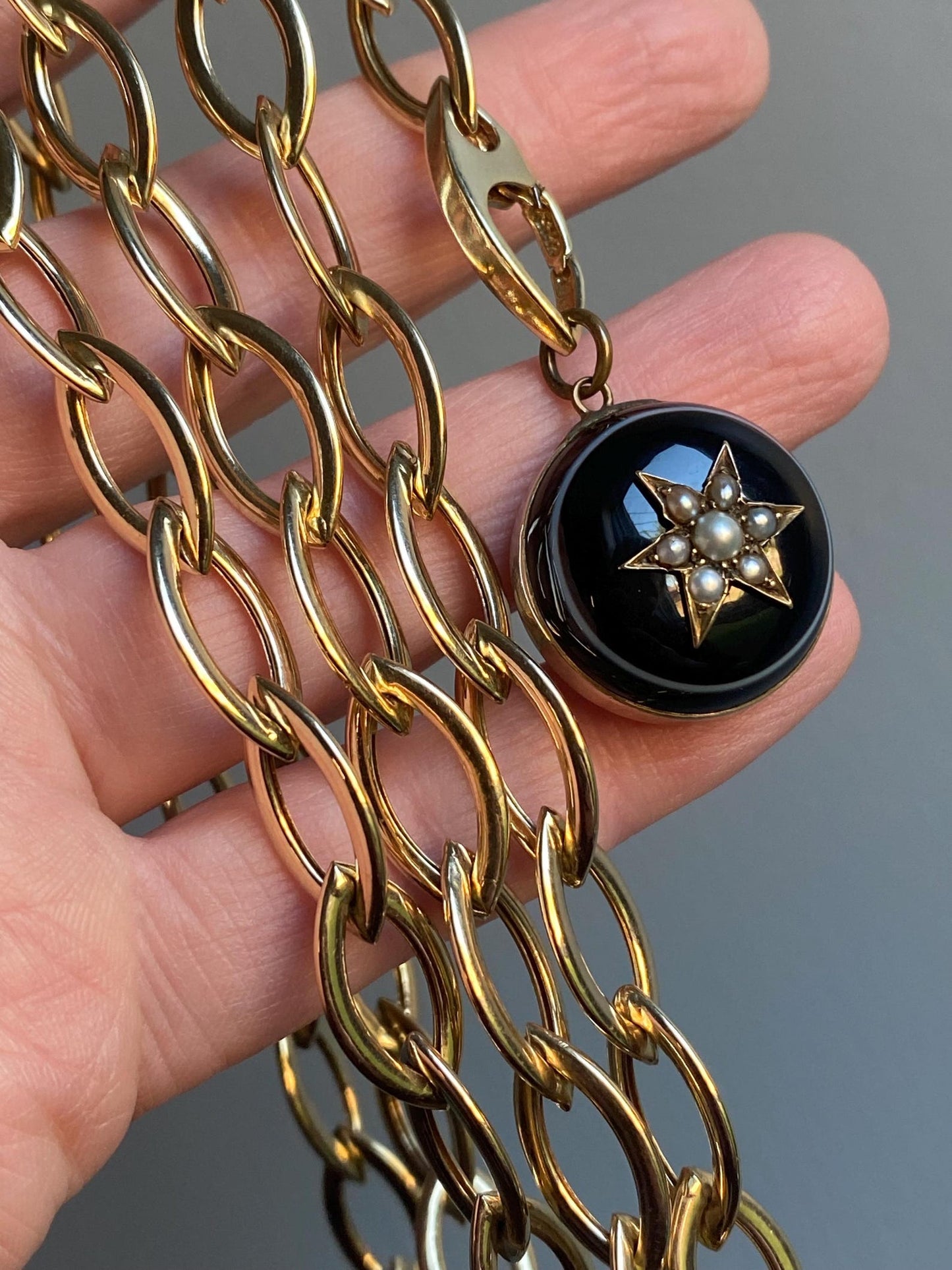 Antique Victorian Mourning Half Dome Banded Agate w/ Central Seed Pearl Starburst & Locket Back in 9k Gold, Bullseye, 1800's, Sentimental