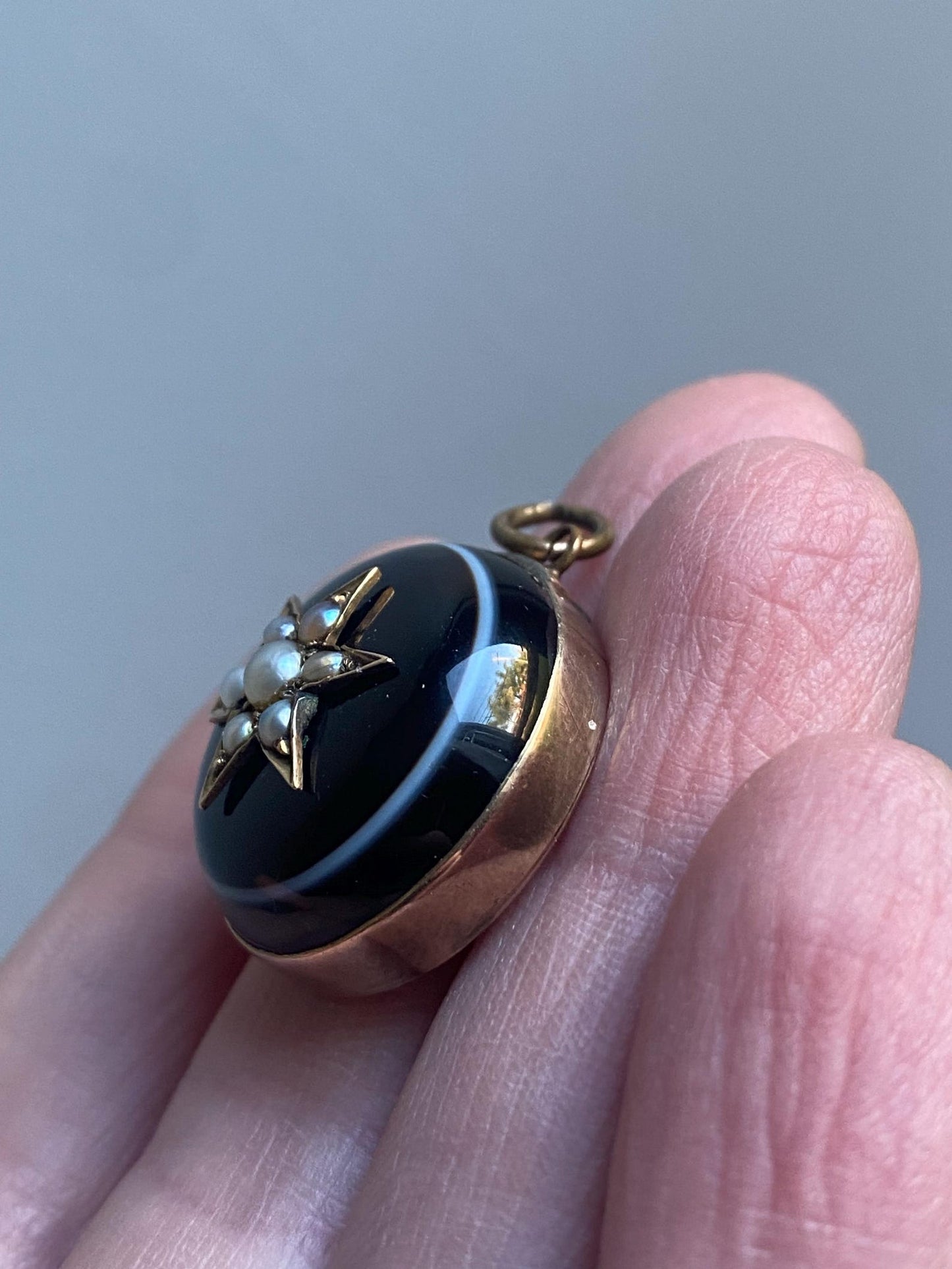 Antique Victorian Mourning Half Dome Banded Agate w/ Central Seed Pearl Starburst & Locket Back in 9k Gold, Bullseye, 1800's, Sentimental
