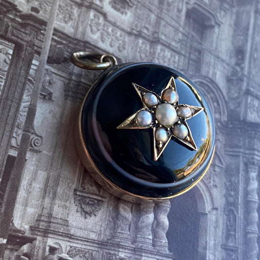 Antique Victorian Mourning Half Dome Banded Agate w/ Central Seed Pearl Starburst & Locket Back in 9k Gold, Bullseye, 1800's, Sentimental