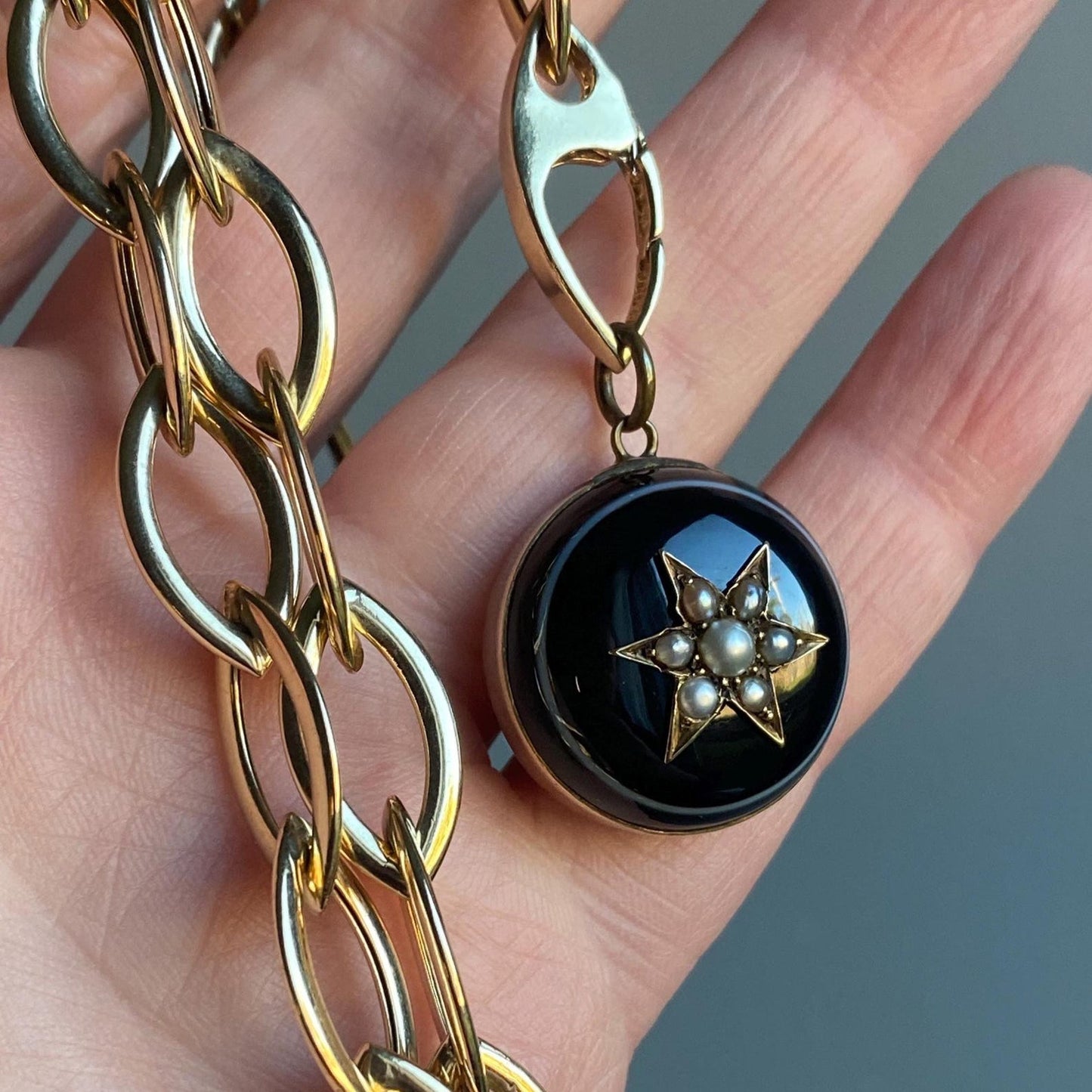 Antique Victorian Mourning Half Dome Banded Agate w/ Central Seed Pearl Starburst & Locket Back in 9k Gold, Bullseye, 1800's, Sentimental