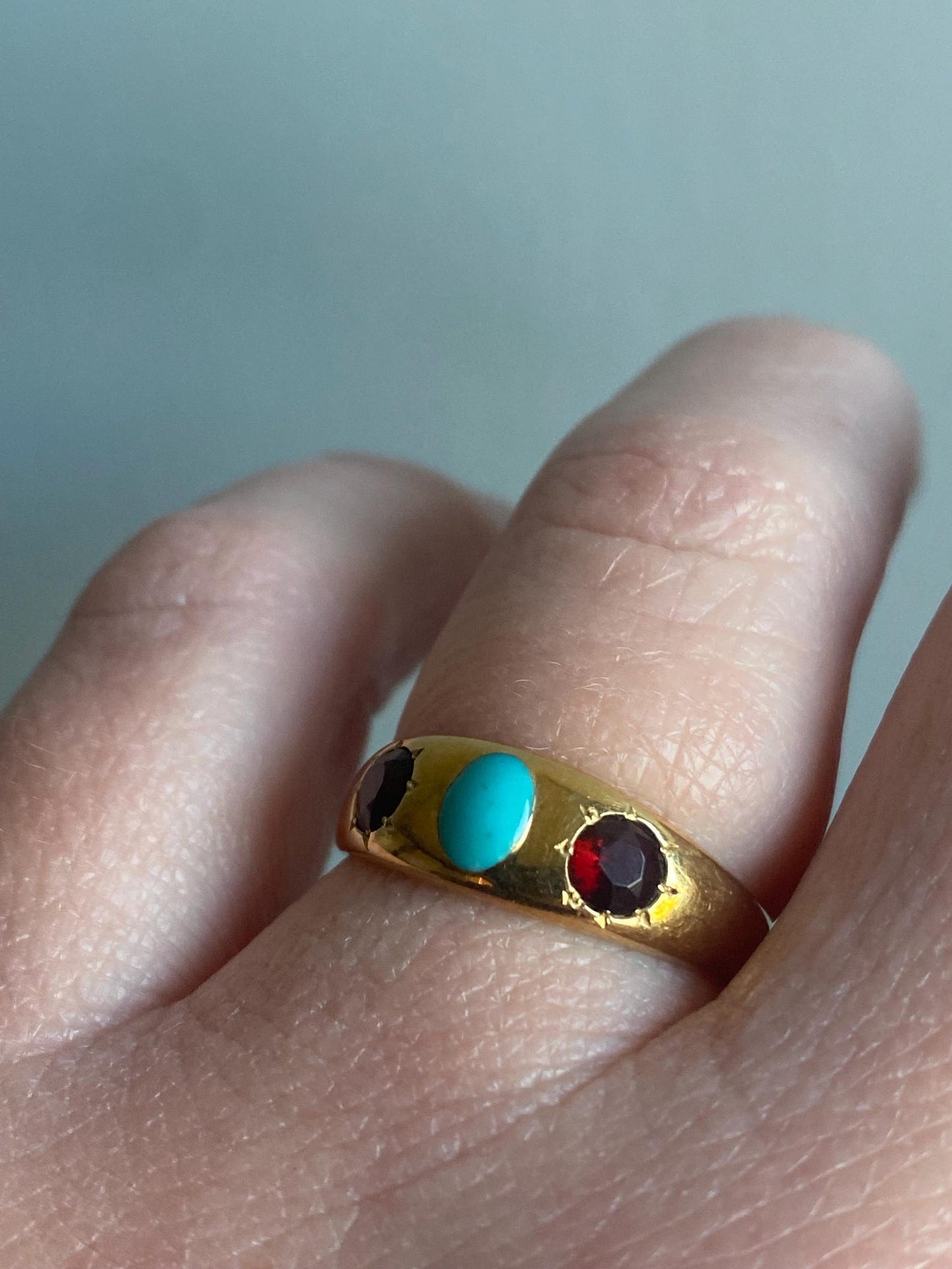 Antique Victorian Wide Flush Set Turquoise and Garnet Starburst Trio Ring in 18k Gold with Hallmarks, Gypsy, Stacker, Stacking, Bezel, Band