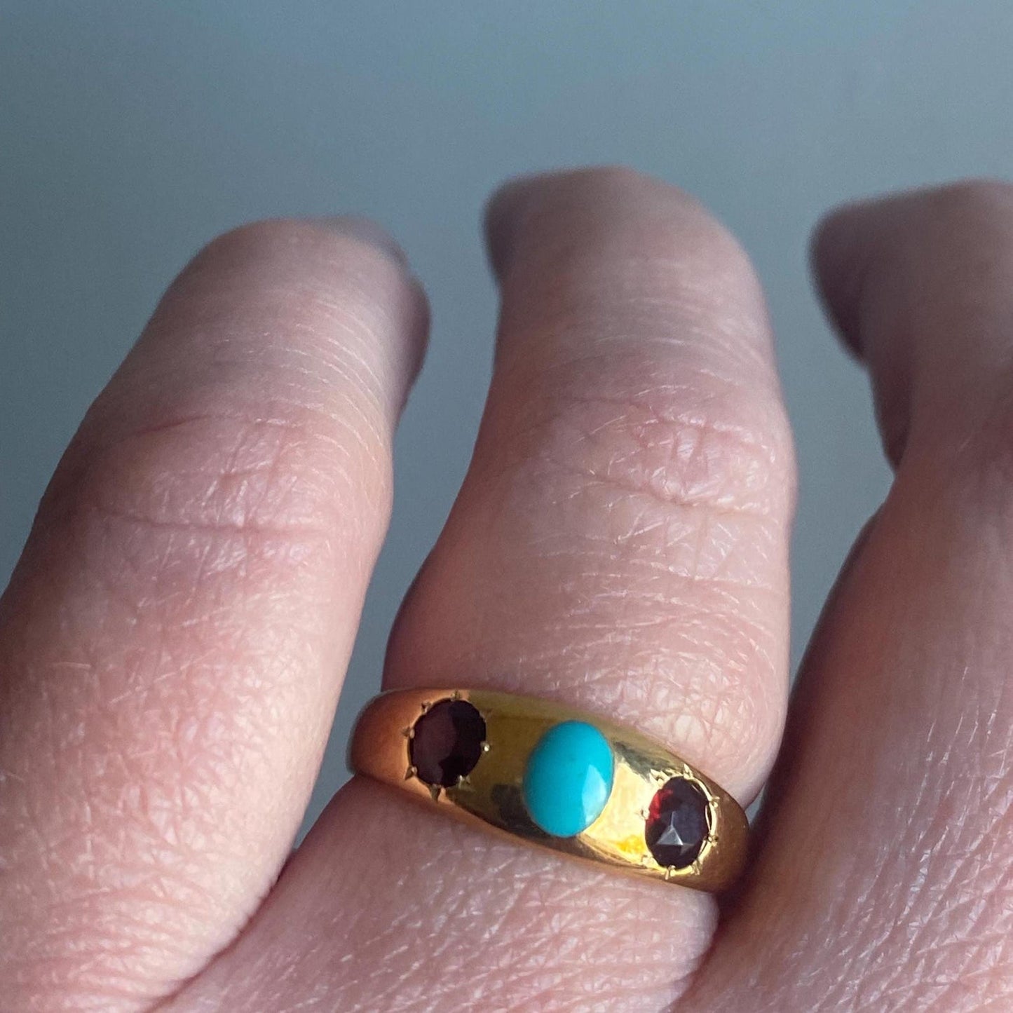 Antique Victorian Wide Flush Set Turquoise and Garnet Starburst Trio Ring in 18k Gold with Hallmarks, Gypsy, Stacker, Stacking, Bezel, Band