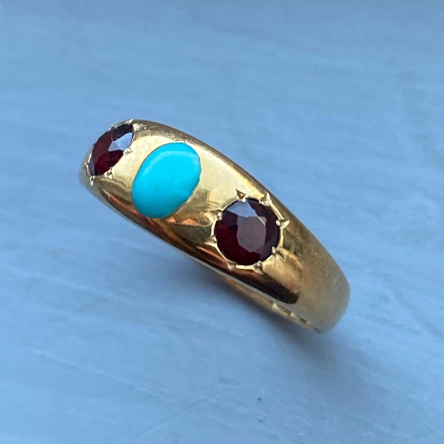 Antique Victorian Wide Flush Set Turquoise and Garnet Starburst Trio Ring in 18k Gold with Hallmarks, Gypsy, Stacker, Stacking, Bezel, Band