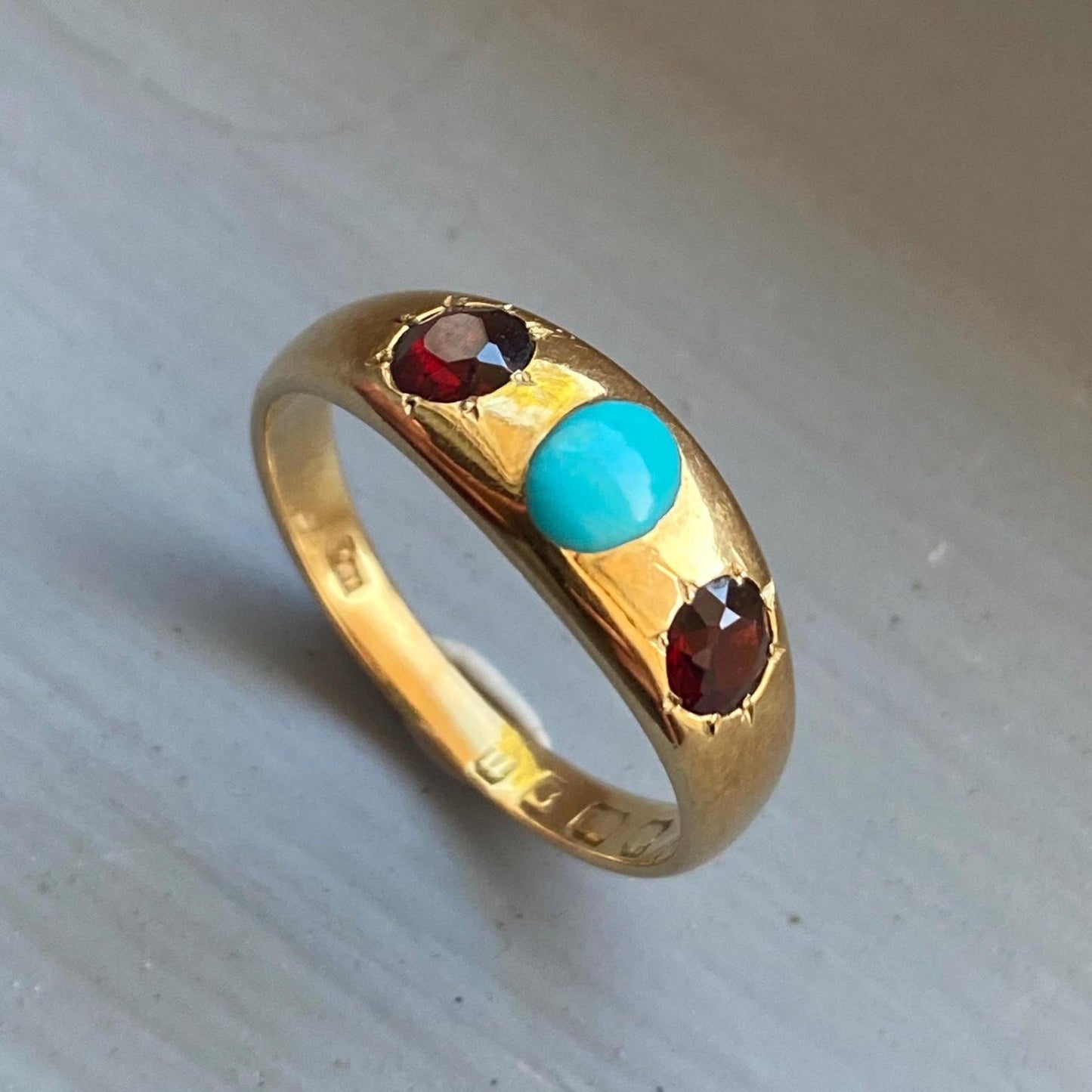 Antique Victorian Wide Flush Set Turquoise and Garnet Starburst Trio Ring in 18k Gold with Hallmarks, Gypsy, Stacker, Stacking, Bezel, Band