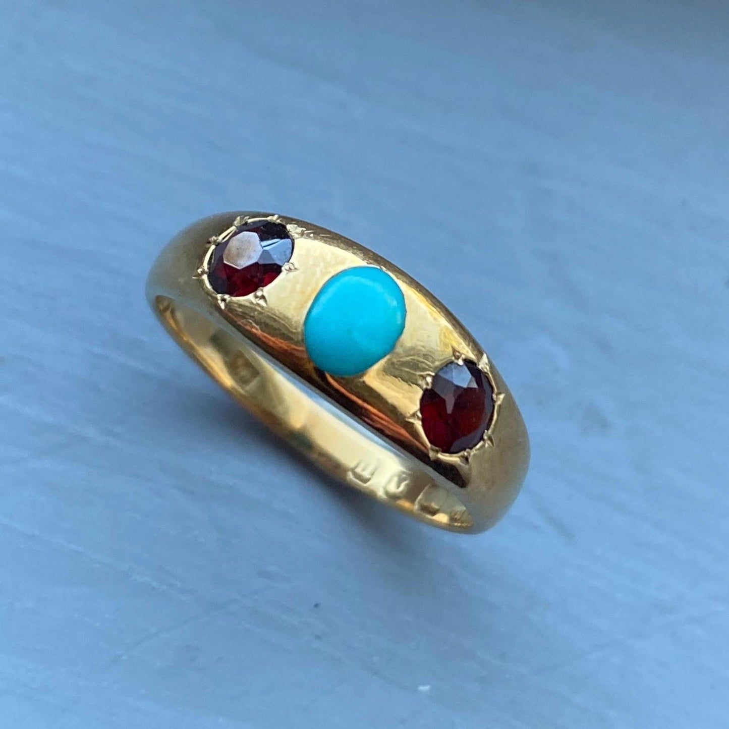Antique Victorian Wide Flush Set Turquoise and Garnet Starburst Trio Ring in 18k Gold with Hallmarks, Gypsy, Stacker, Stacking, Bezel, Band