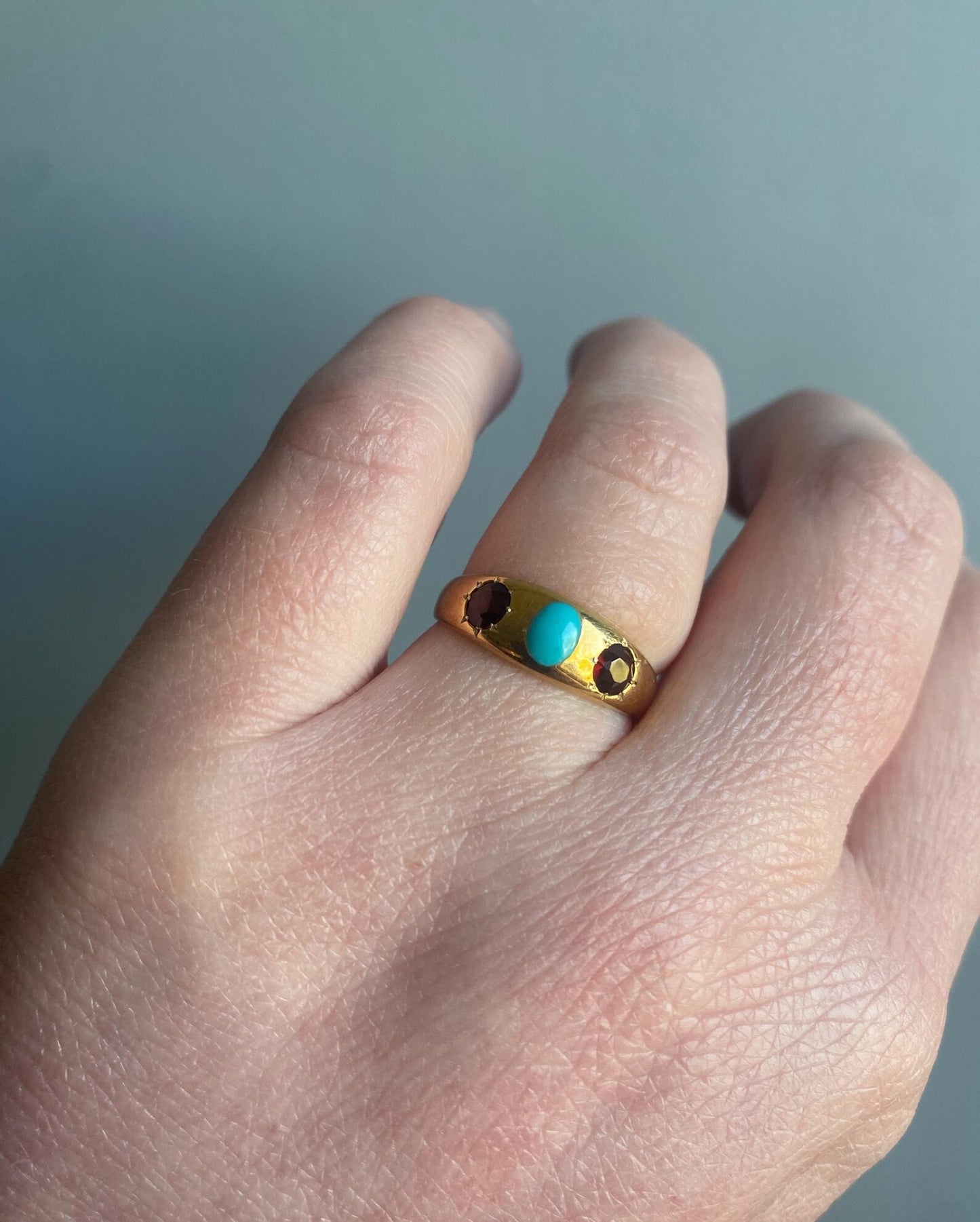 Antique Victorian Wide Flush Set Turquoise and Garnet Starburst Trio Ring in 18k Gold with Hallmarks, Gypsy, Stacker, Stacking, Bezel, Band