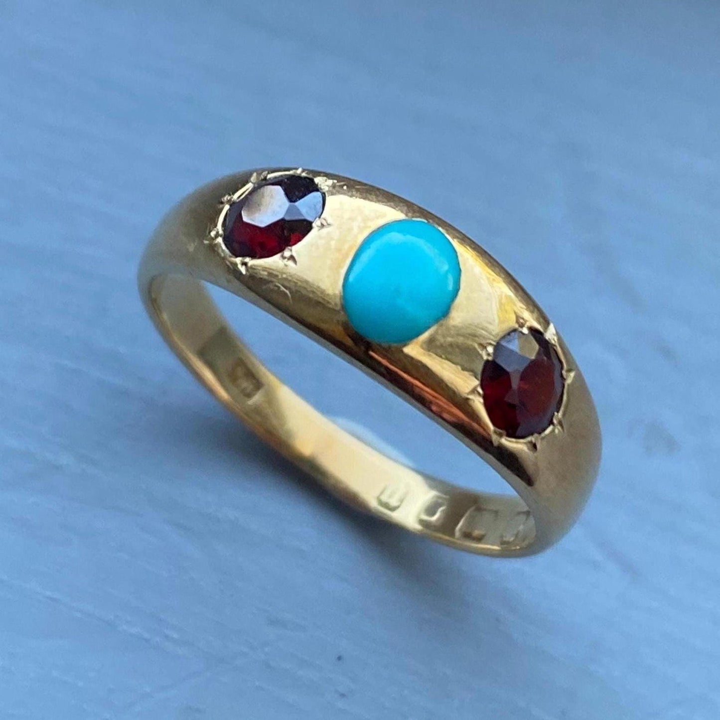 Antique Victorian Wide Flush Set Turquoise and Garnet Starburst Trio Ring in 18k Gold with Hallmarks, Gypsy, Stacker, Stacking, Bezel, Band