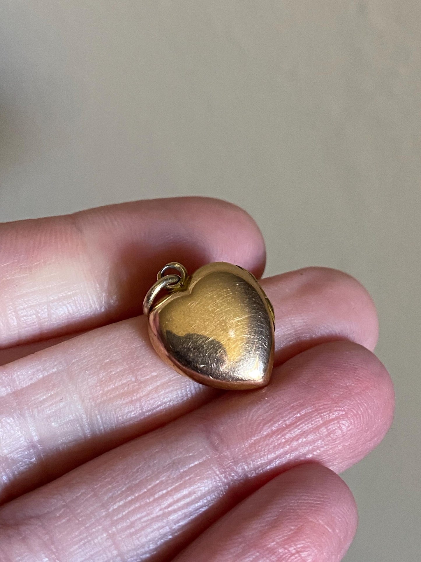 Antique Victorian Petite Puffy Heart Locket with Duo of Diamonds & Duo of Turquoise Cabochons in Peachy Rose Gold, Pendant, Charm, 1800's