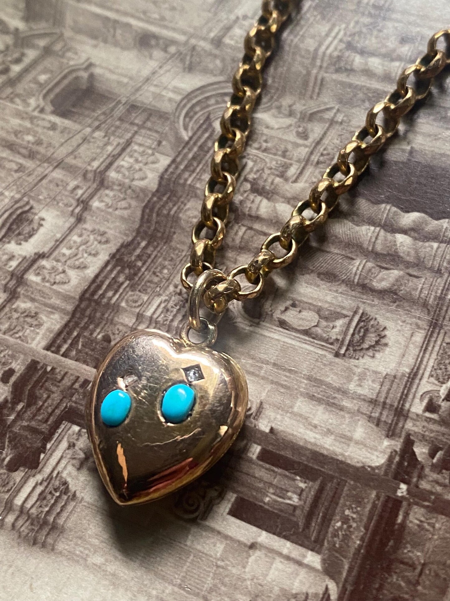 Antique Victorian Petite Puffy Heart Locket with Duo of Diamonds & Duo of Turquoise Cabochons in Peachy Rose Gold, Pendant, Charm, 1800's