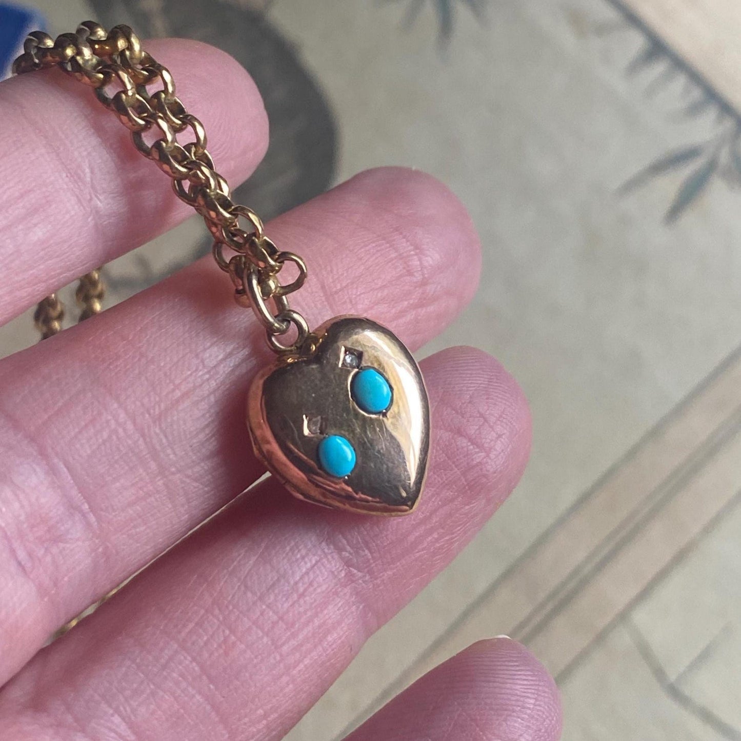 Antique Victorian Petite Puffy Heart Locket with Duo of Diamonds & Duo of Turquoise Cabochons in Peachy Rose Gold, Pendant, Charm, 1800's