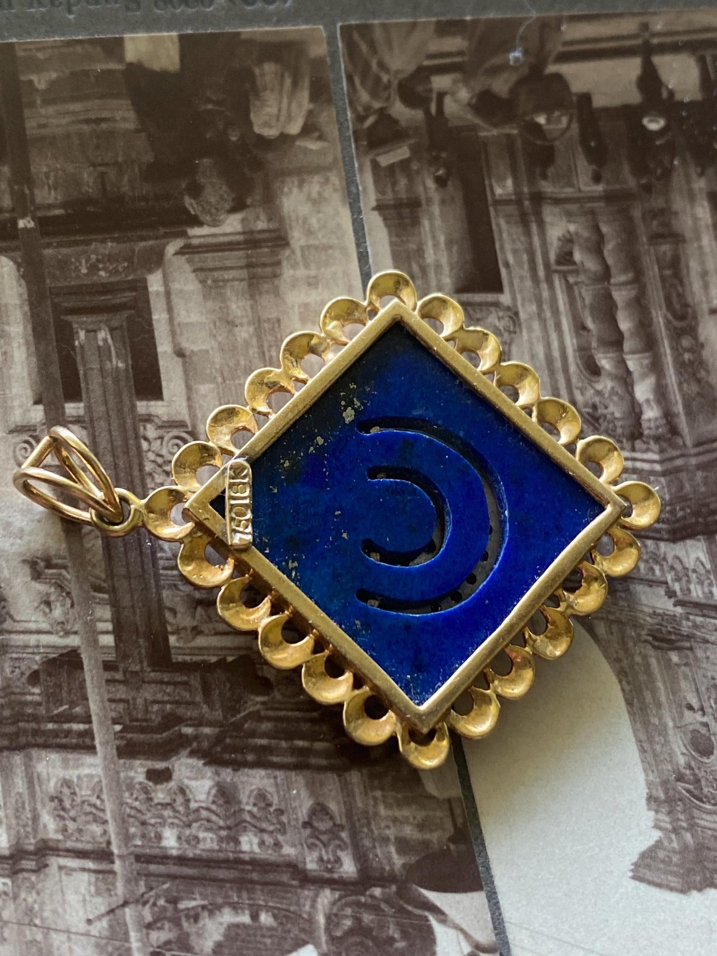 Vintage Lapis Lazuli Pendant with Double Crescent & Single Star Motif in Silver and Diamonds with 18k Gold Scalloped Border c. 1970, Celestial