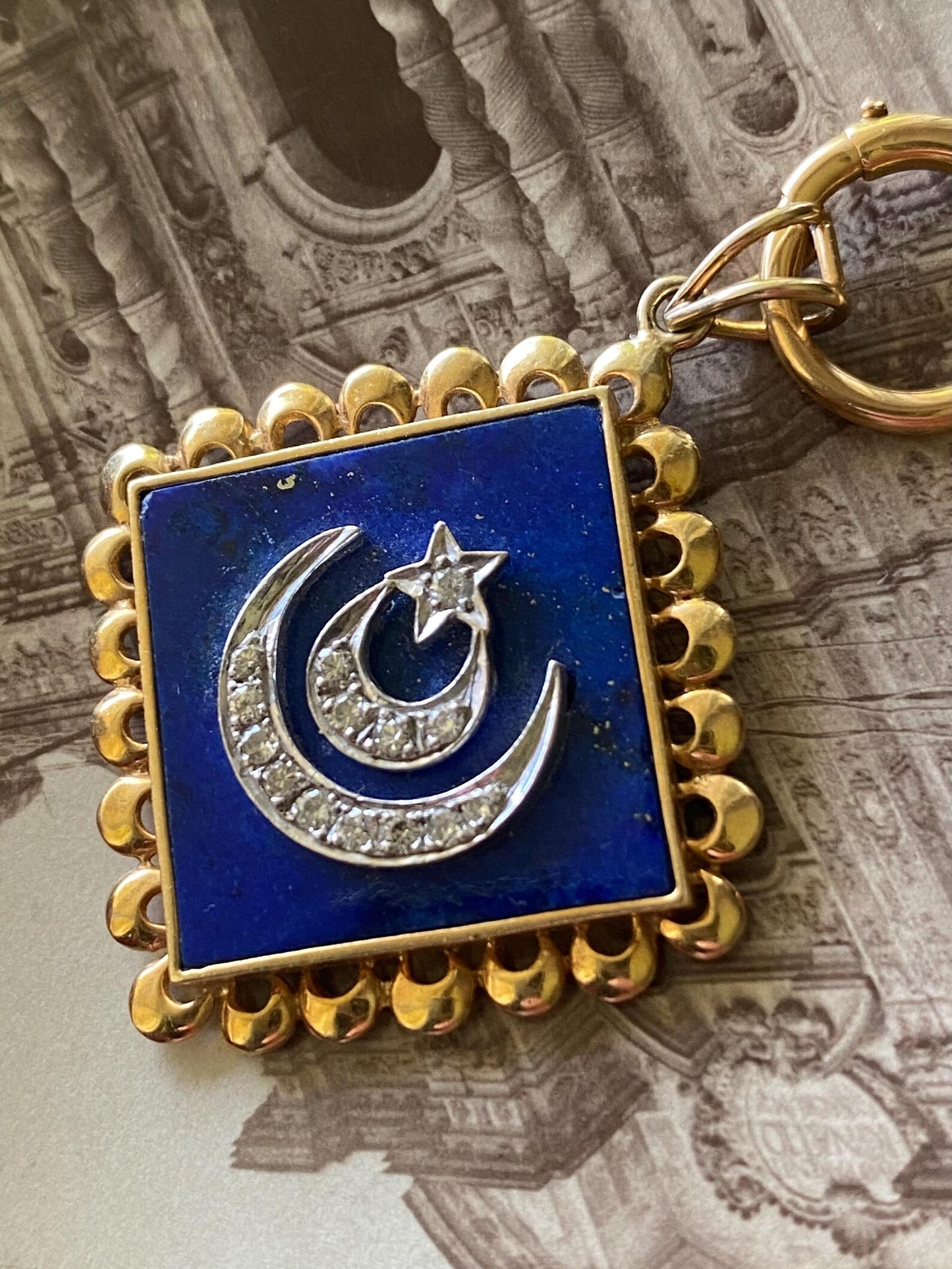 Vintage Lapis Lazuli Pendant with Double Crescent & Single Star Motif in Silver and Diamonds with 18k Gold Scalloped Border c. 1970, Celestial